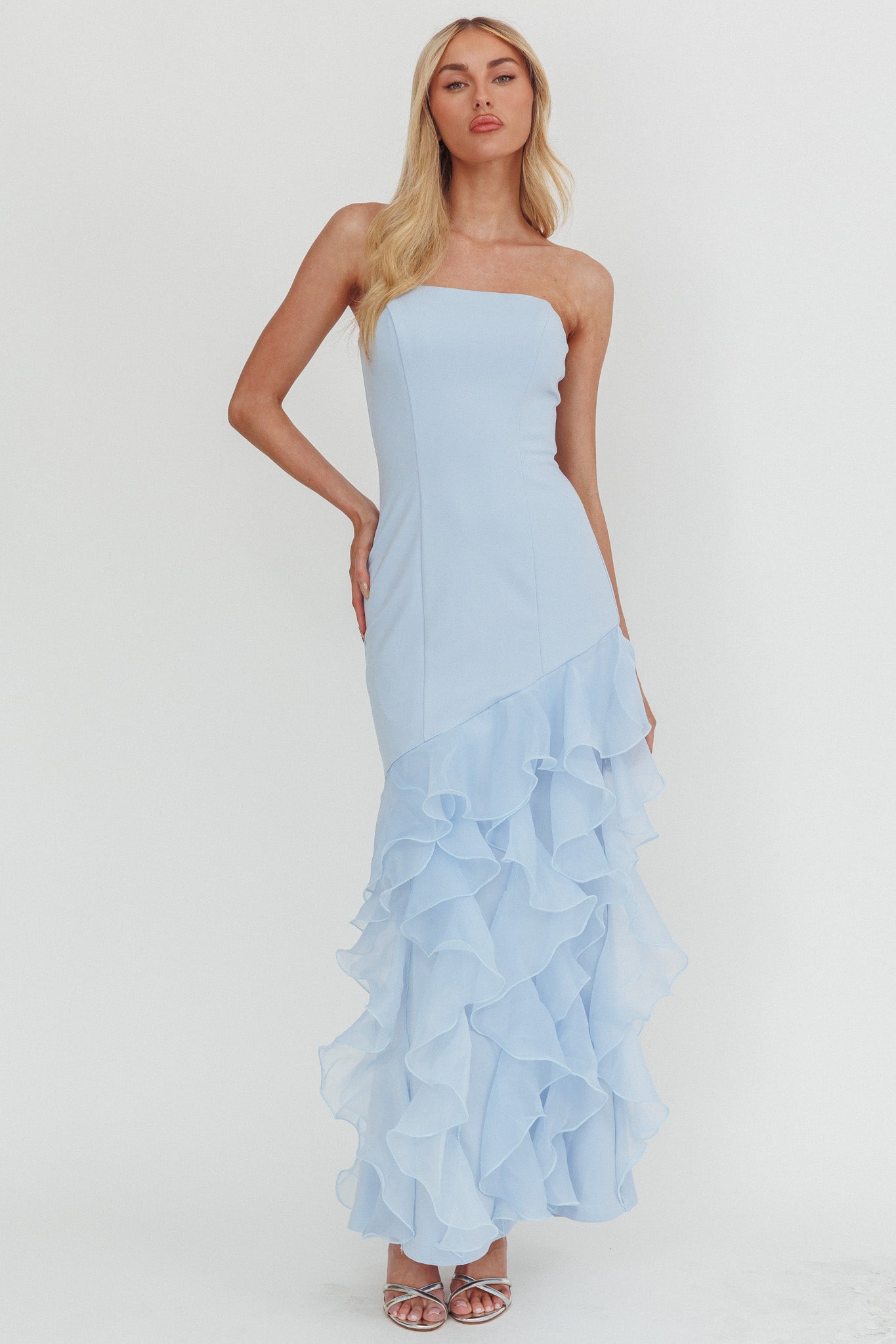 Kioto Strapless Organza Trim Maxi Dress Blue by Selfie Leslie