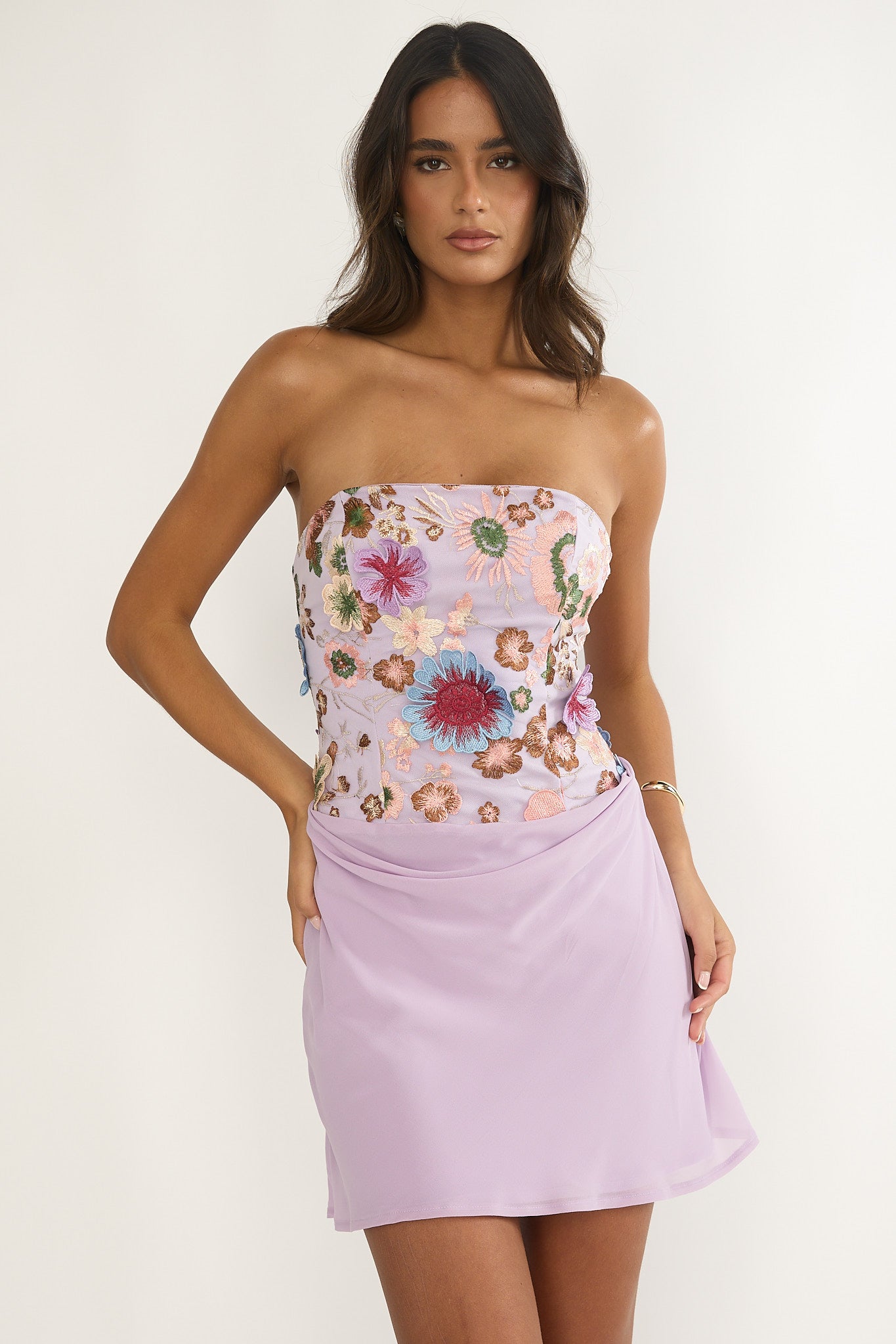 Ulyssia Strapless Floral Embellished Mini Dress Purple by Selfie Leslie