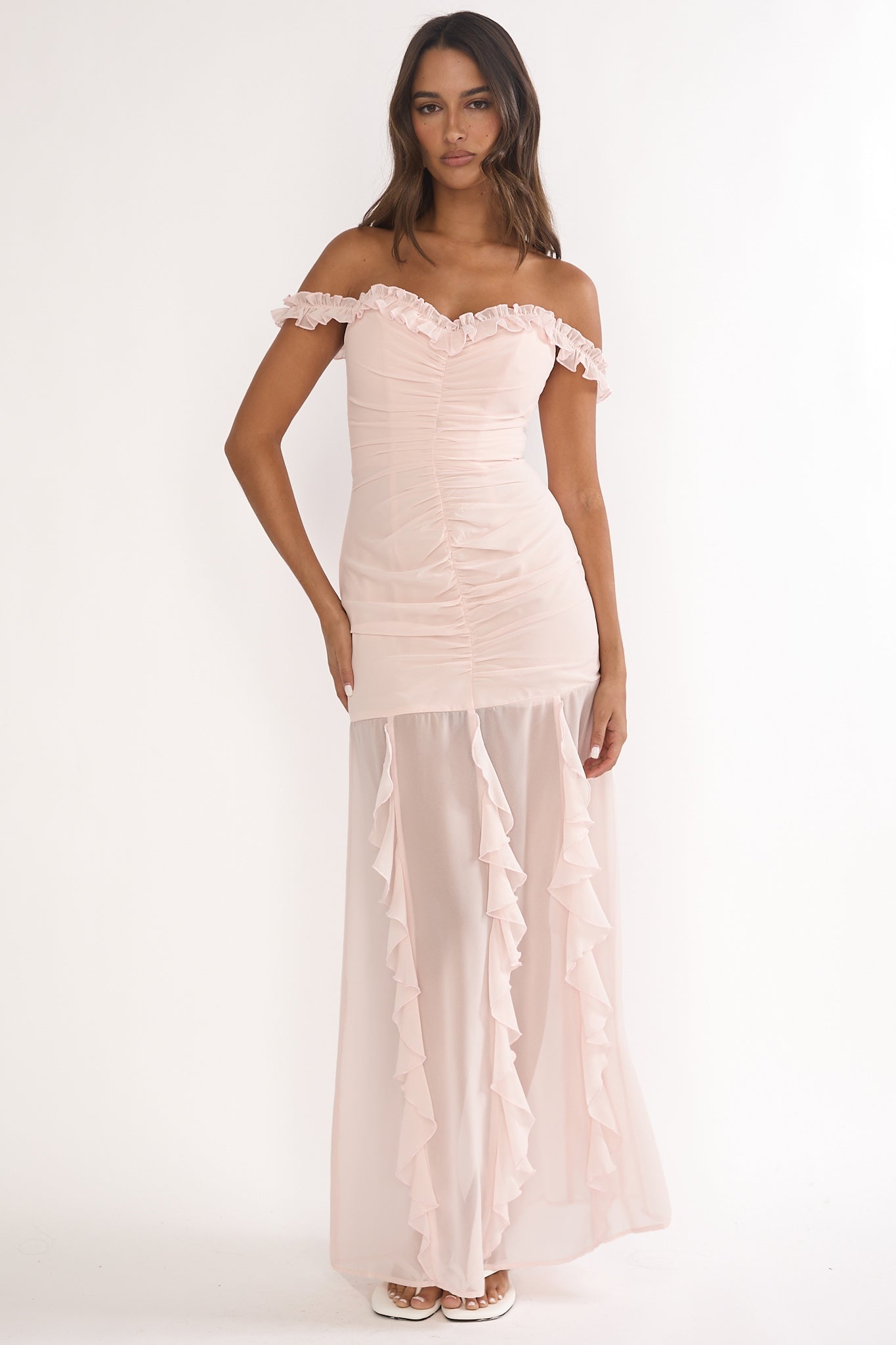 Fall In Love Off Shoulder Frill Maxi Dress Power Pink by Selfie Leslie