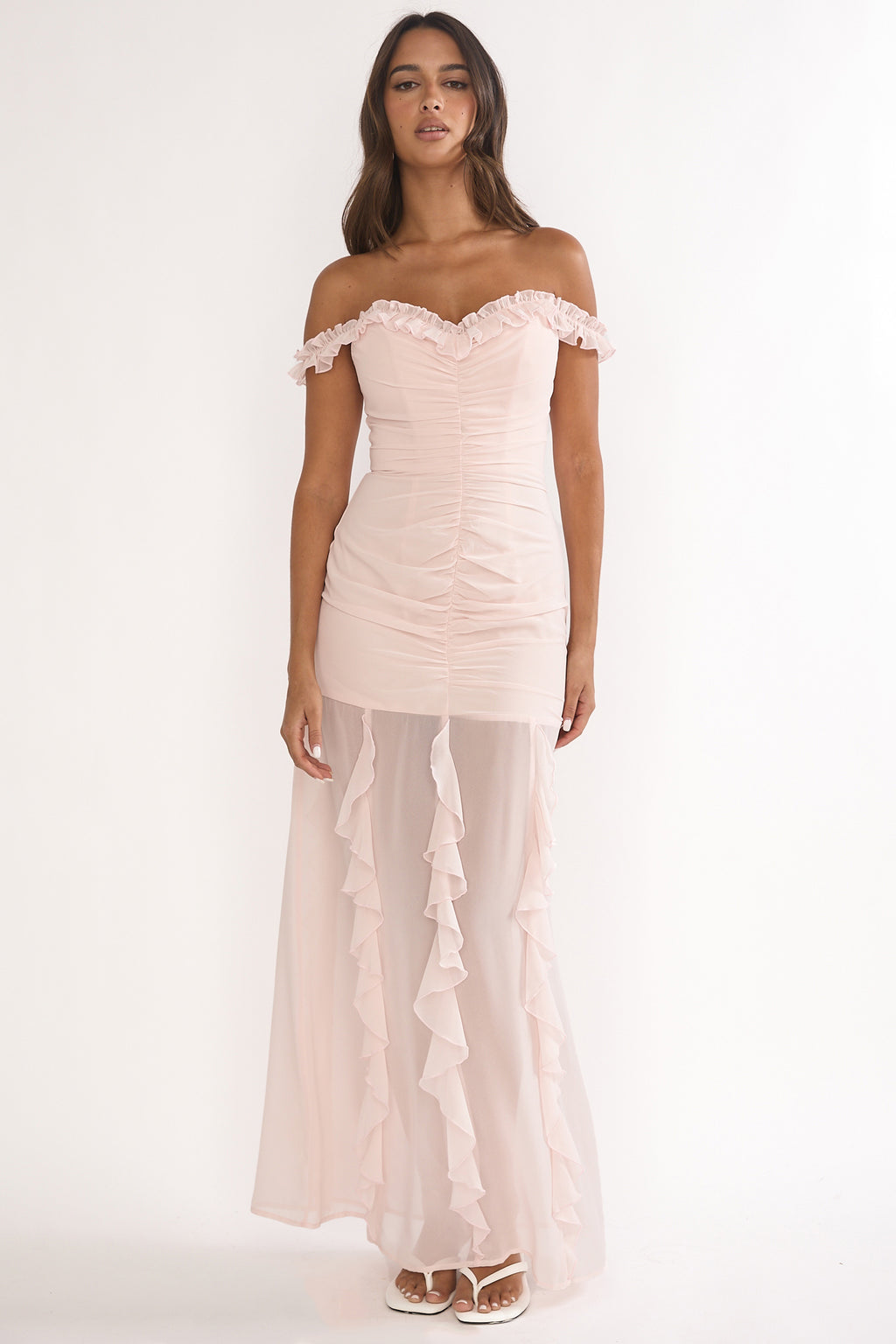 Fall In Love Off Shoulder Frill Maxi Dress Power Pink by Selfie Leslie