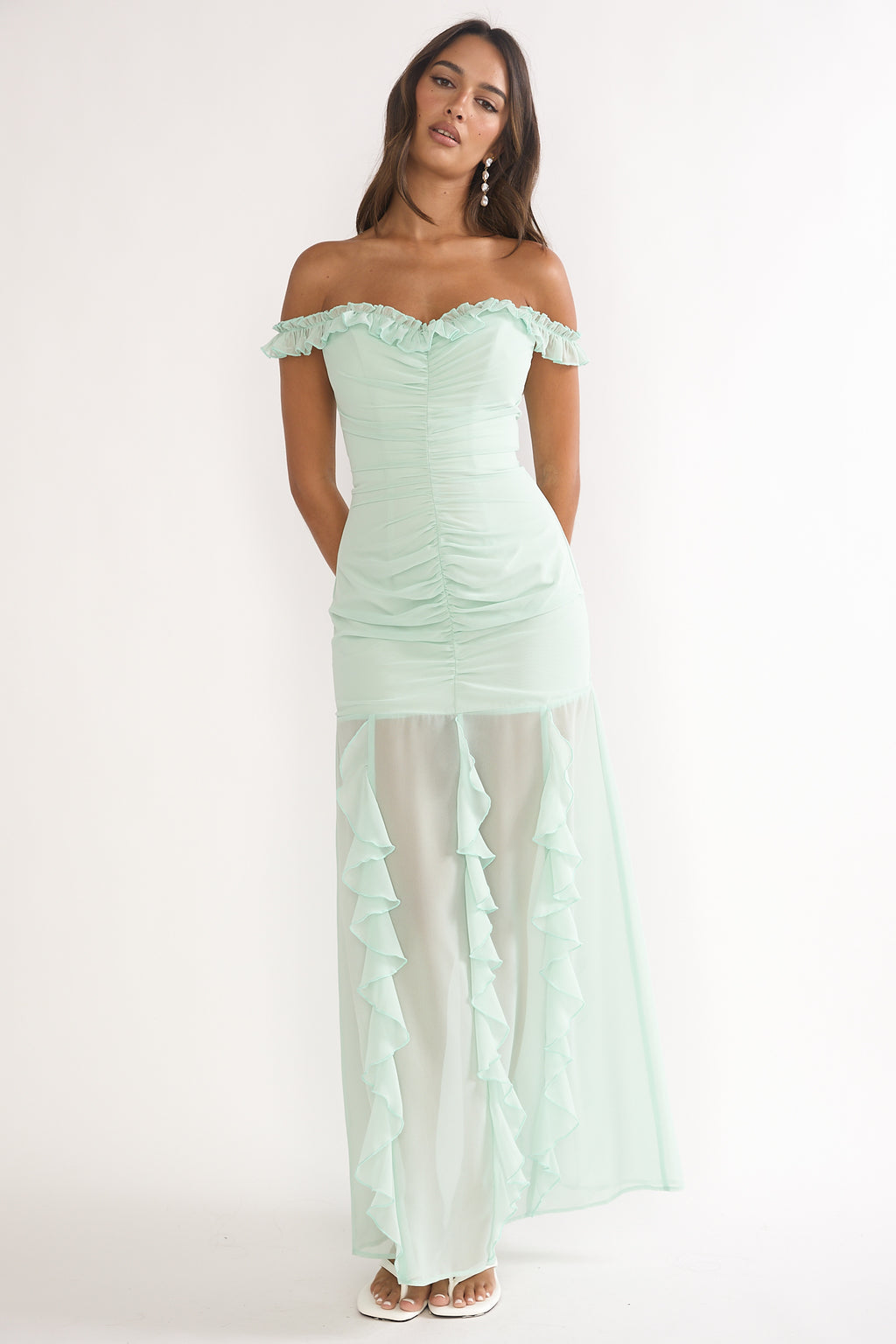 Fall In Love Off Shoulder Frill Maxi Dress Sage by Selfie Leslie