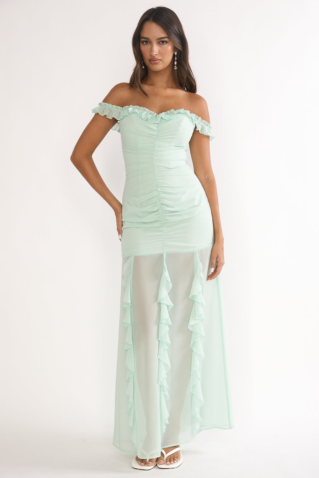 Fall In Love Off Shoulder Frill Maxi Dress Sage by Selfie Leslie