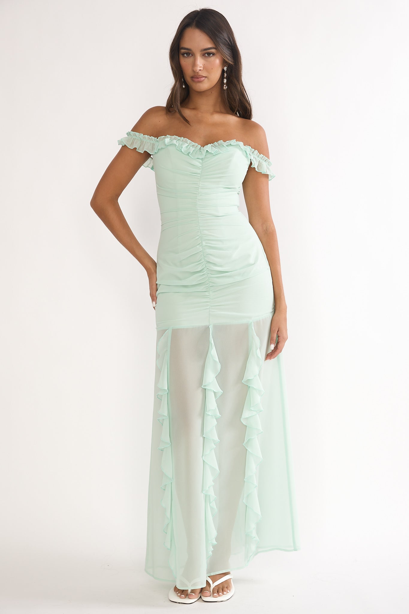 Fall In Love Off Shoulder Frill Maxi Dress Sage by Selfie Leslie