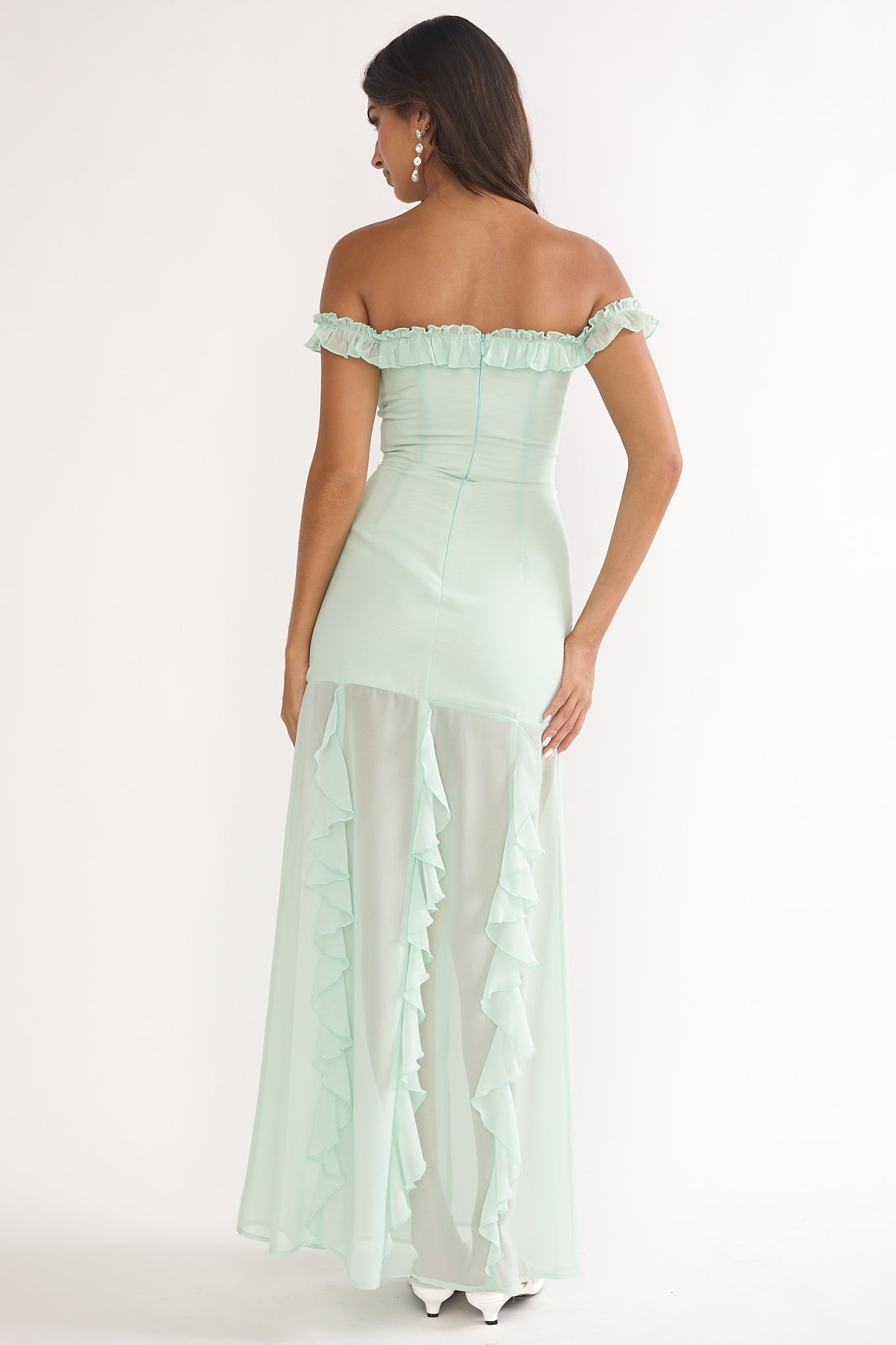 Fall In Love Off Shoulder Frill Maxi Dress Sage by Selfie Leslie