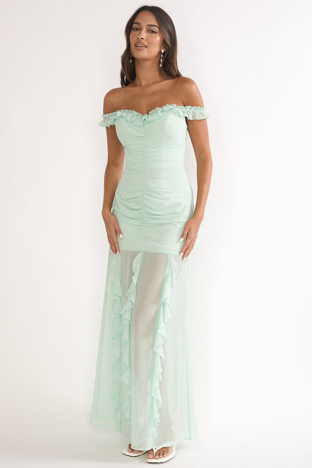 Fall In Love Off Shoulder Frill Maxi Dress Sage by Selfie Leslie