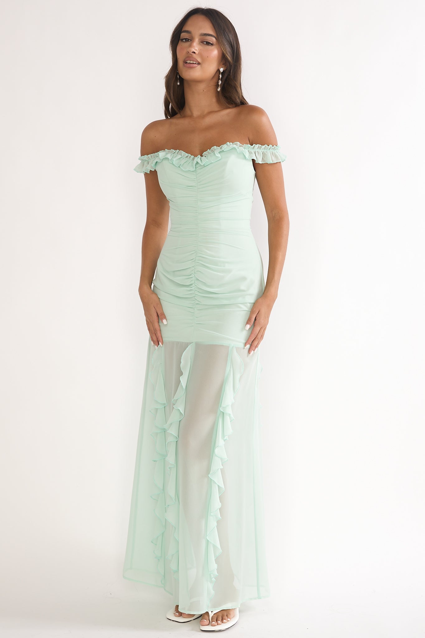 Fall In Love Off Shoulder Frill Maxi Dress Sage by Selfie Leslie