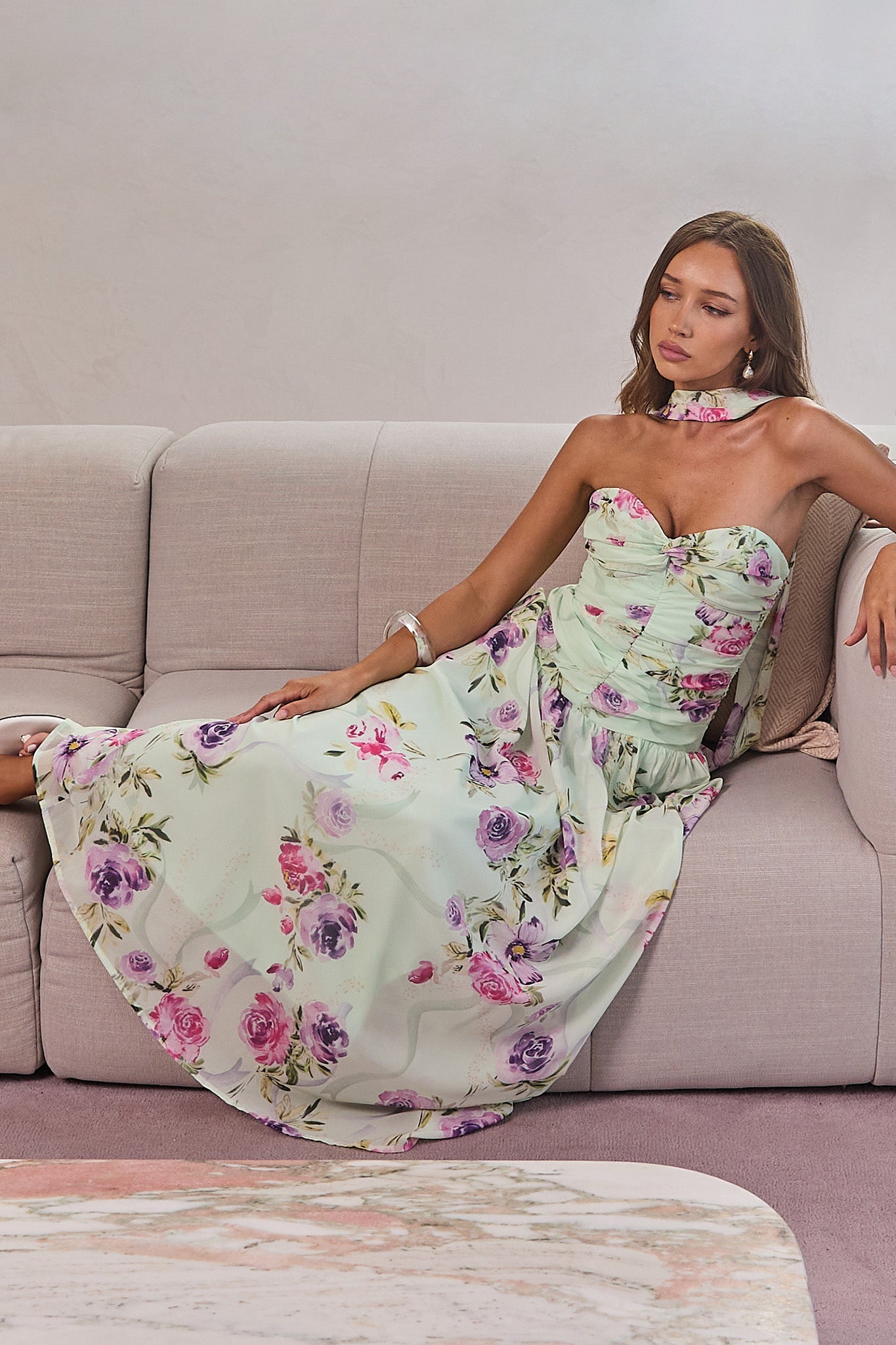 Novarra Twist Bust Strapless Maxi Dress Floral Mint - XS Novarra Twist Bust Strapless Maxi Dress Floral Mint - XS