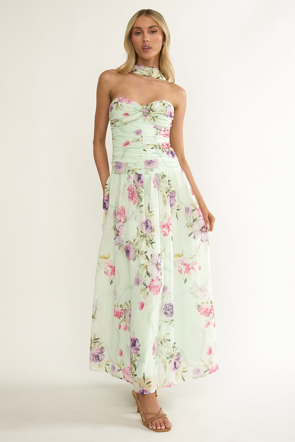 Novarra Twist Bust Strapless Maxi Dress Floral Mint by Selfie Leslie