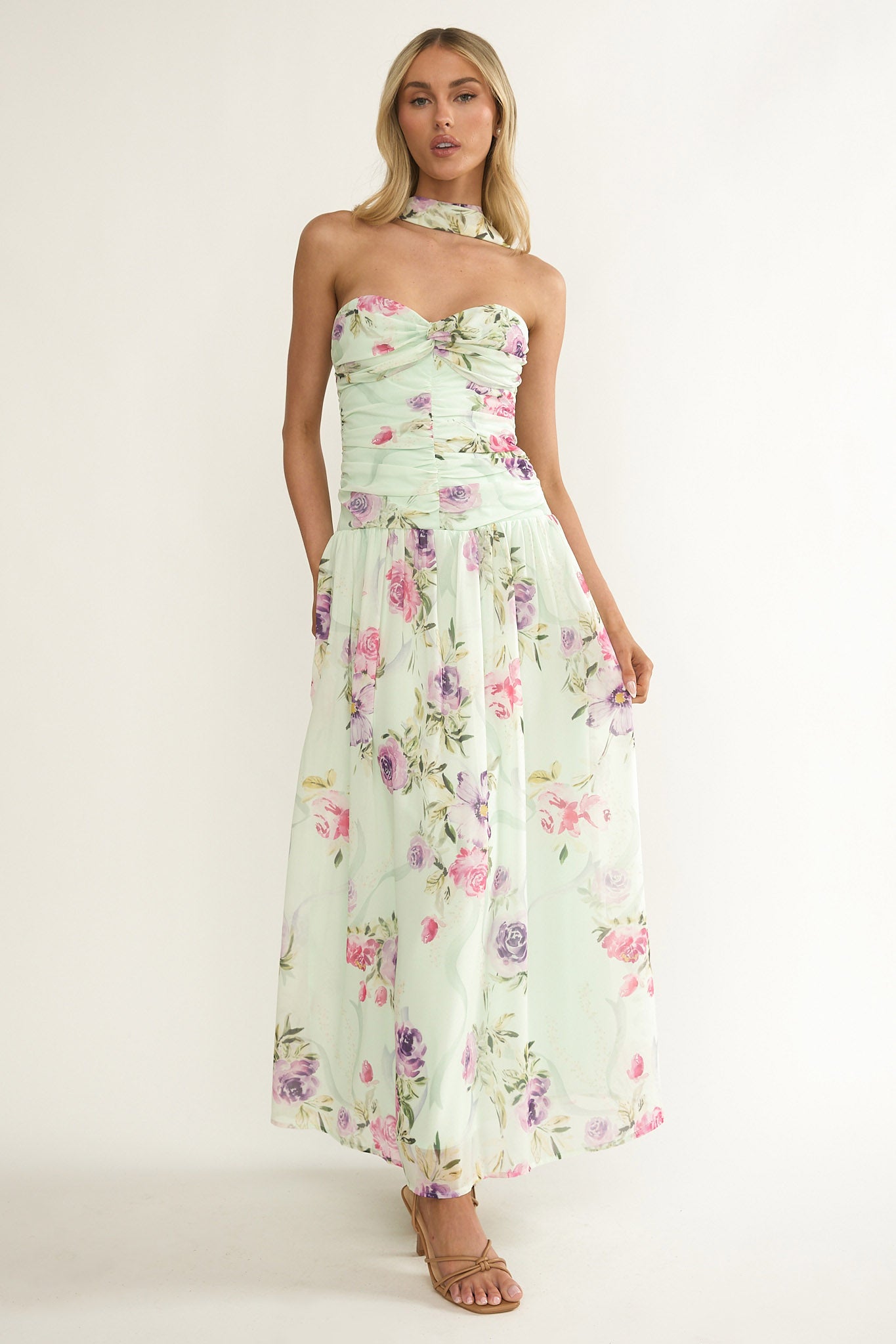 Novarra Twist Bust Strapless Maxi Dress Floral Mint by Selfie Leslie