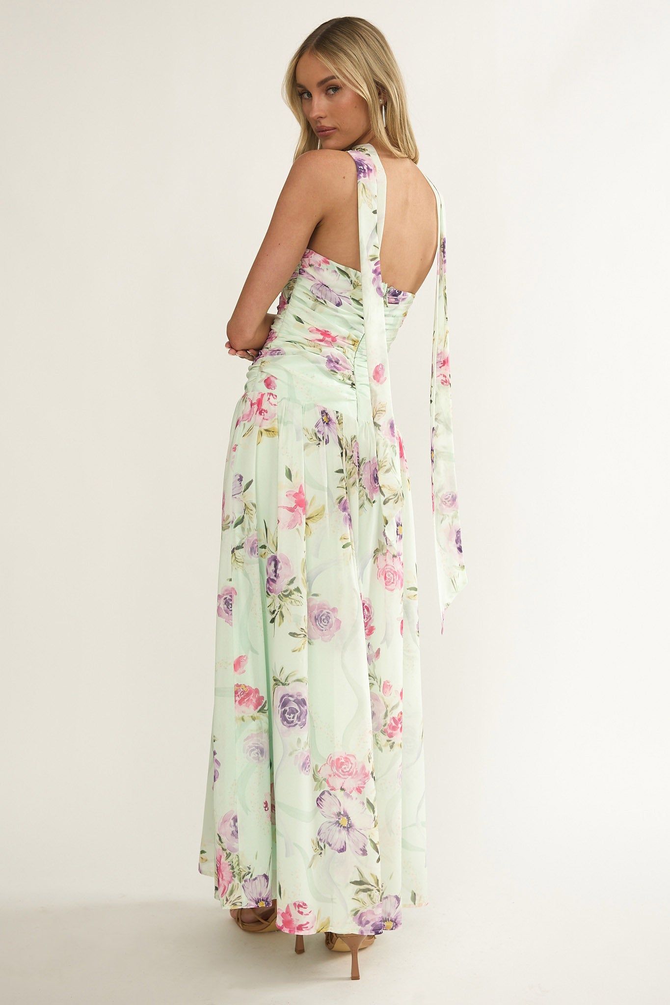 Novarra Twist Bust Strapless Maxi Dress Floral Mint by Selfie Leslie
