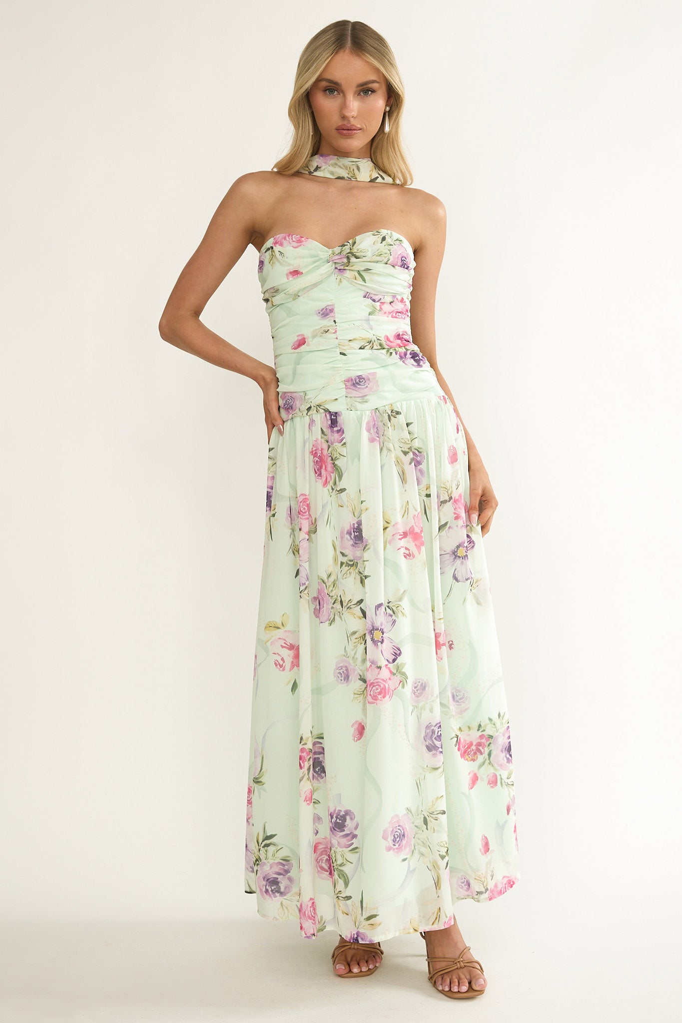 Novarra Twist Bust Strapless Maxi Dress Floral Mint by Selfie Leslie