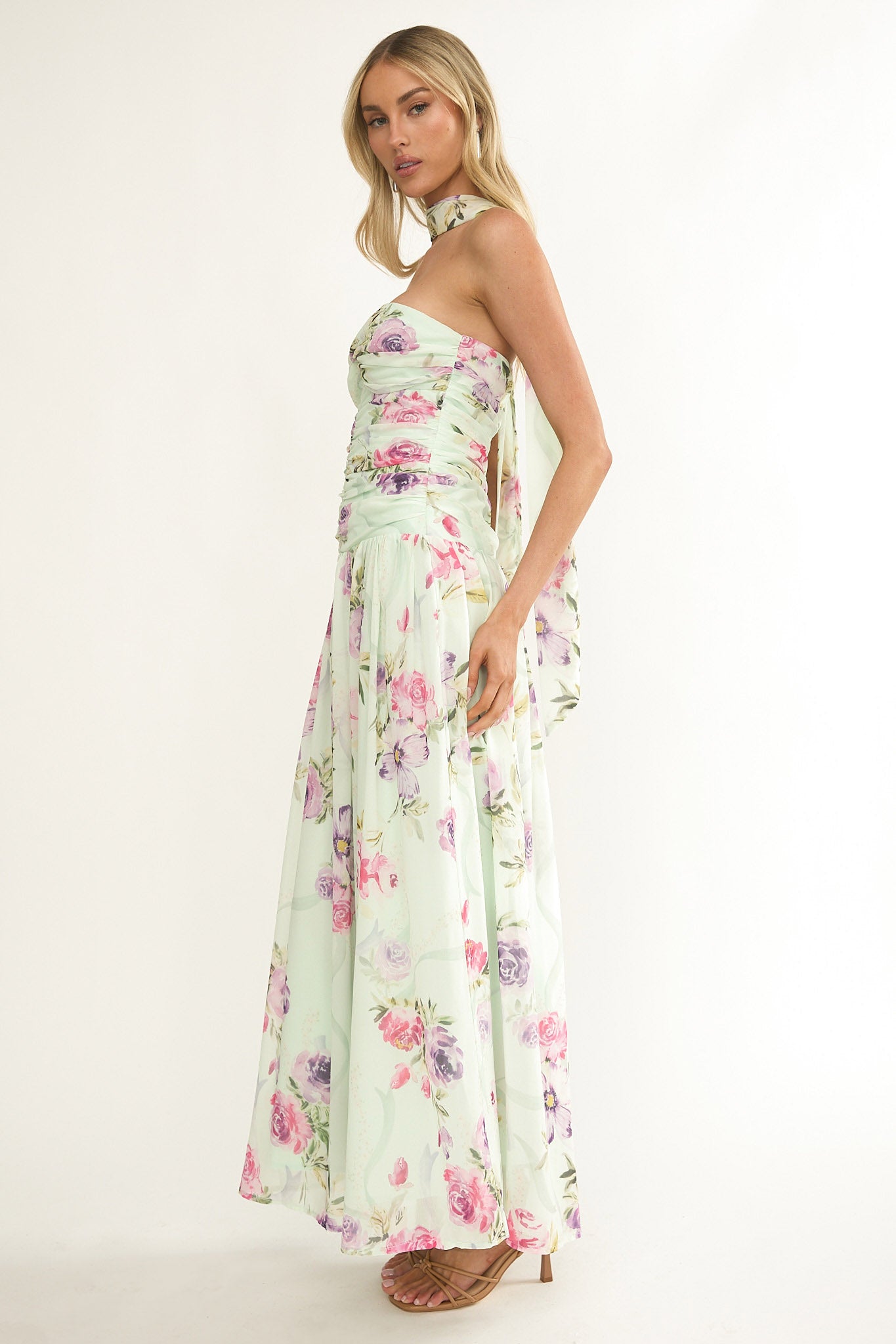 Novarra Twist Bust Strapless Maxi Dress Floral Mint by Selfie Leslie