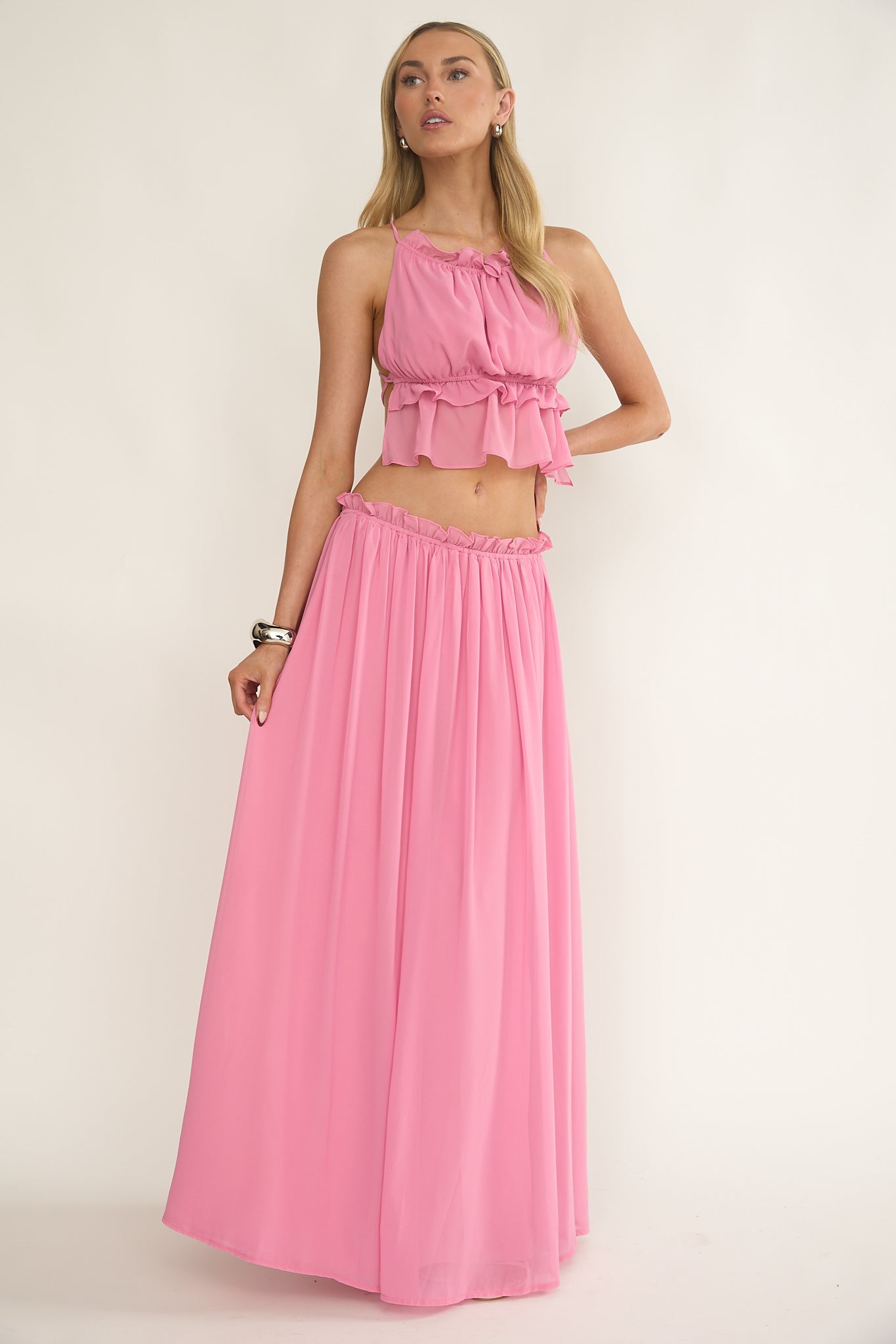 Marivelle Frill Trim Maxi Skirt Pink by Selfie Leslie