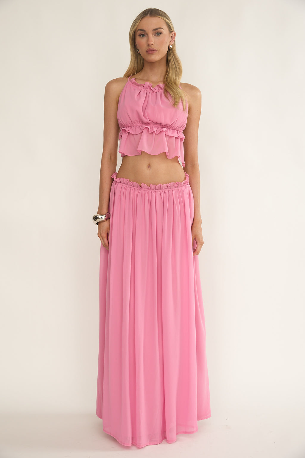 Marivelle Frill Trim Maxi Skirt Pink by Selfie Leslie