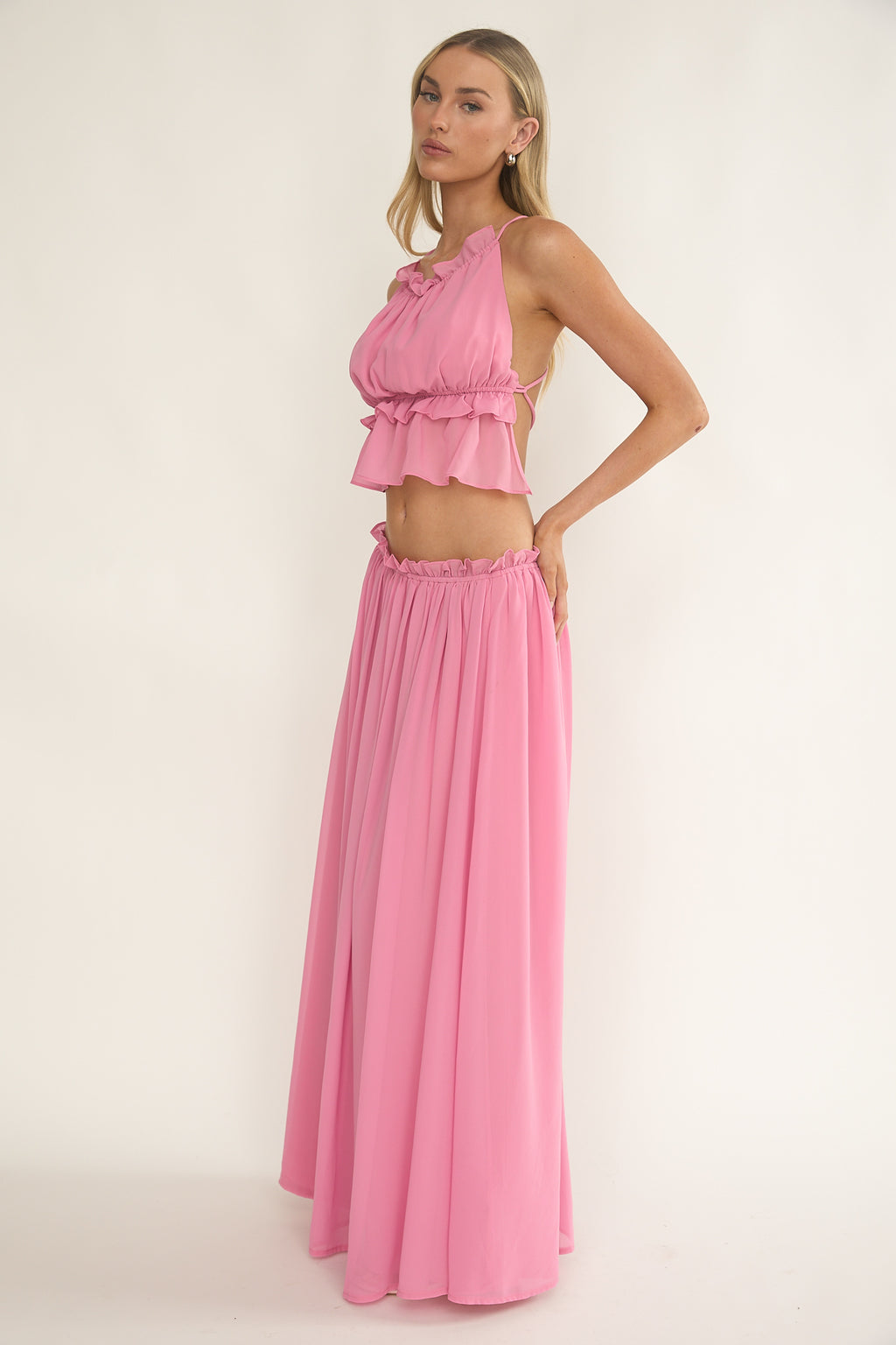 Marivelle Frill Trim Maxi Skirt Pink by Selfie Leslie
