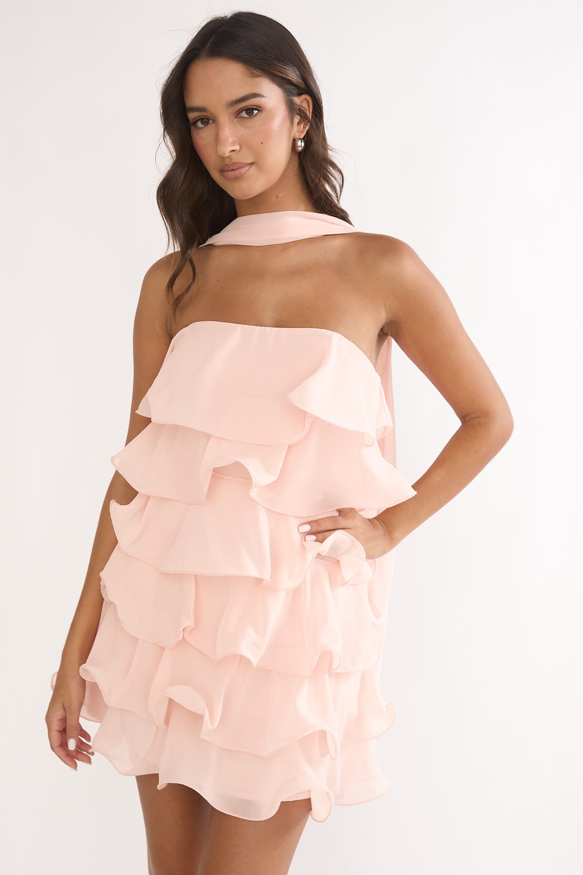pink layered mini dress Love Note Strapless Web Collection: Golden Hour