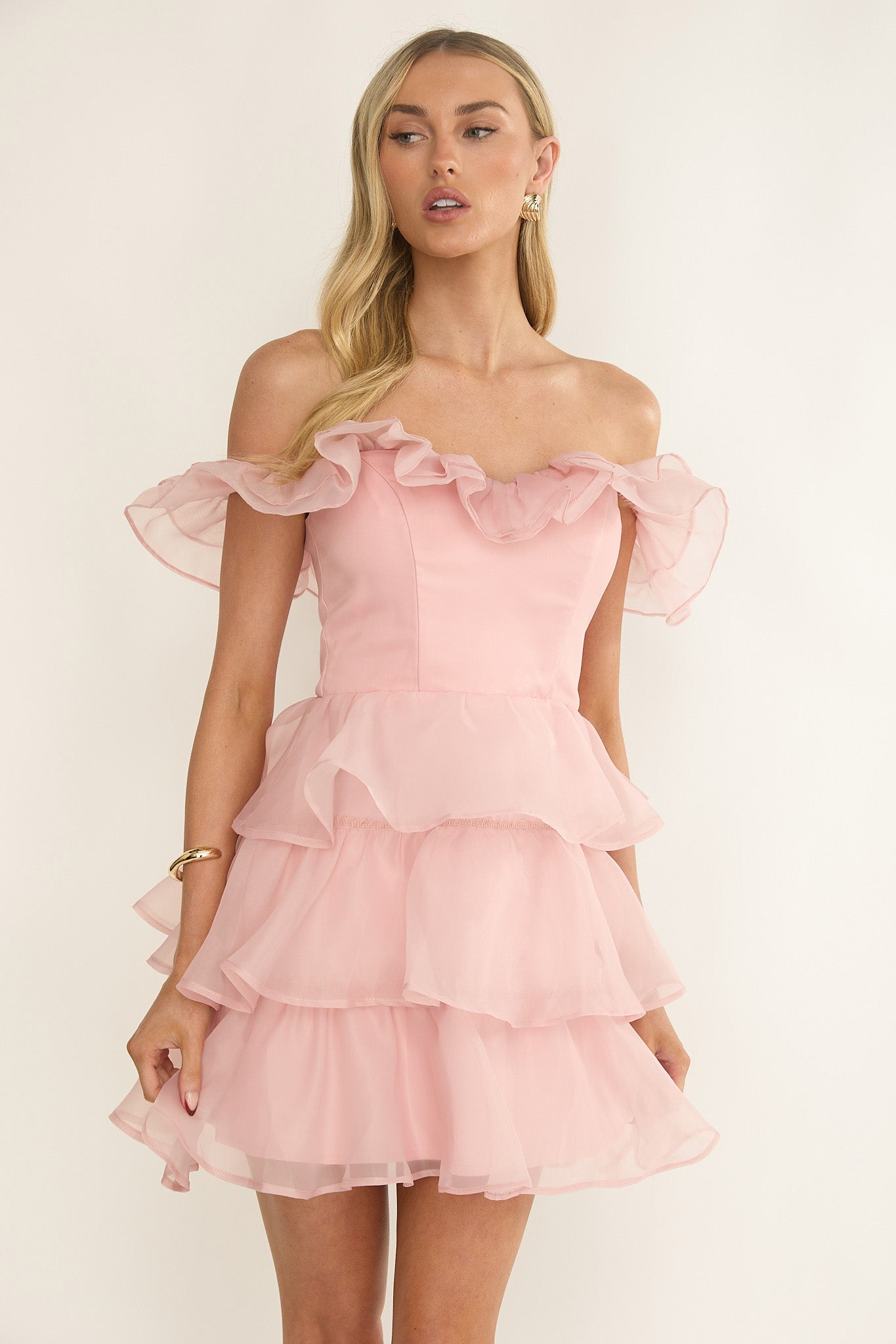 Rosira Off-Shoulder Ruffle Mini Dress Pink by Selfie Leslie
