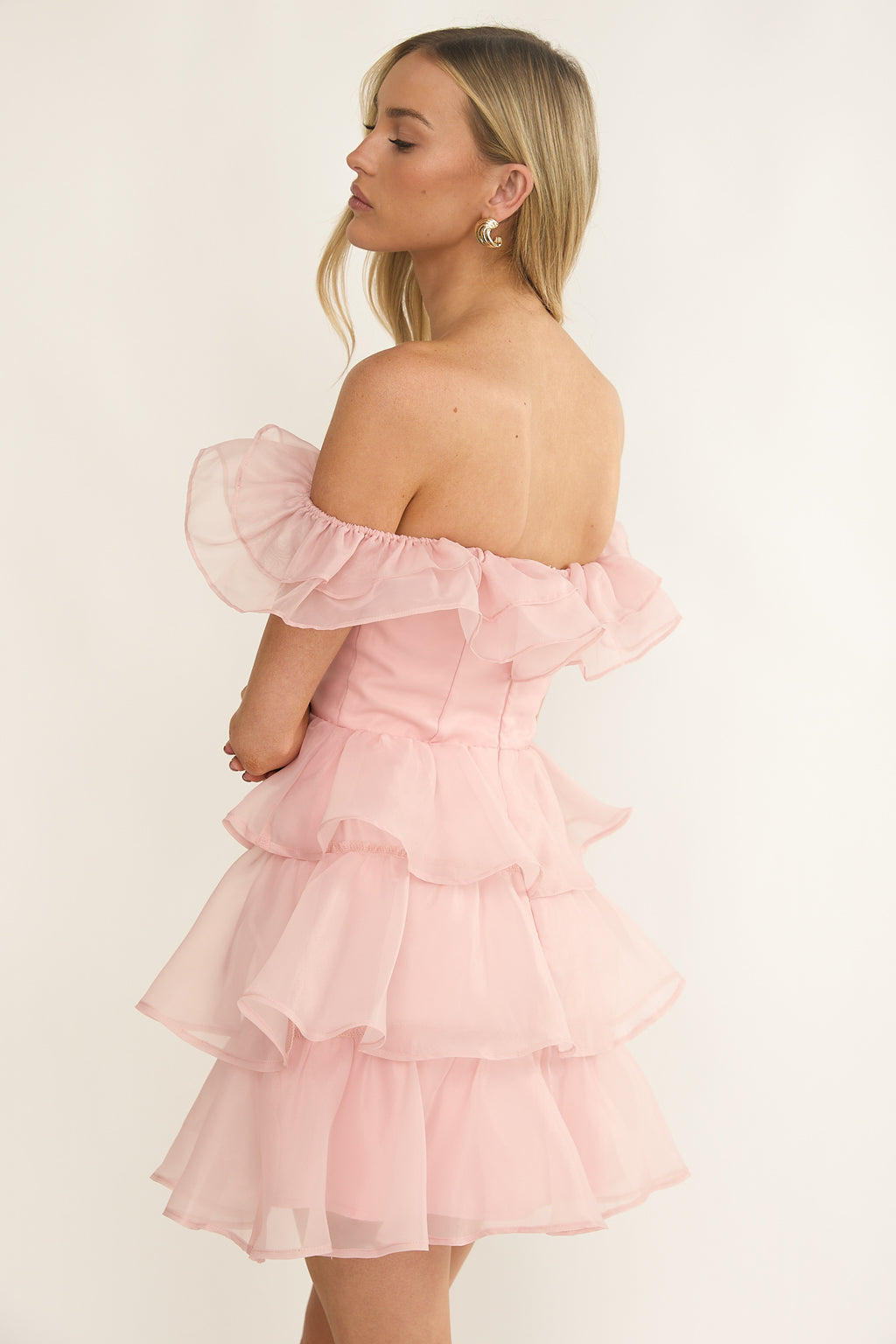 Rosira Off-Shoulder Ruffle Mini Dress Pink by Selfie Leslie