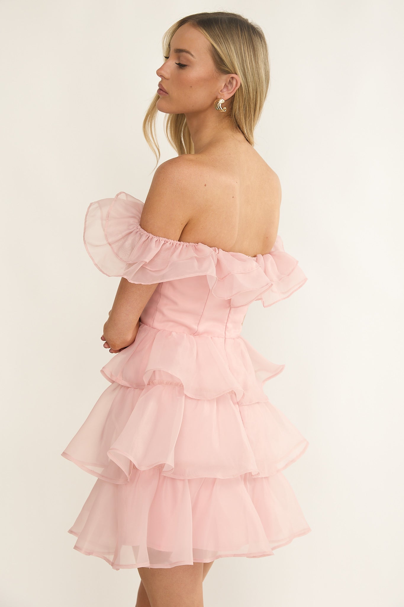 Rosira Off-Shoulder Ruffle Mini Dress Pink by Selfie Leslie