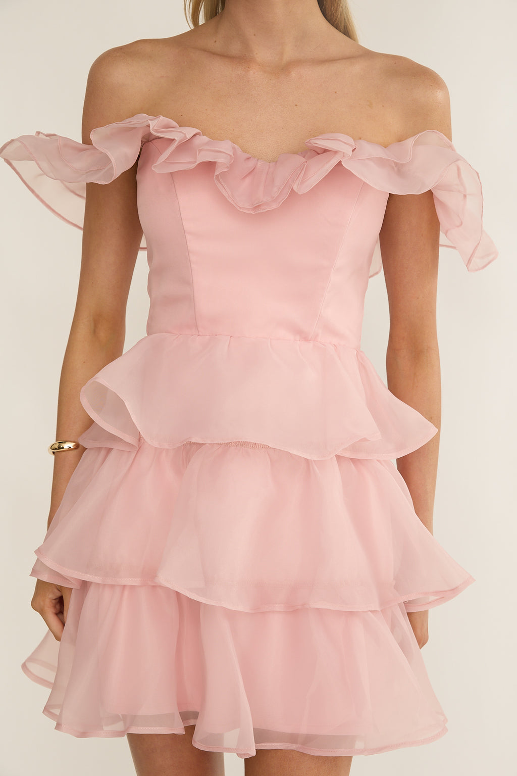 Rosira Off-Shoulder Ruffle Mini Dress Pink by Selfie Leslie