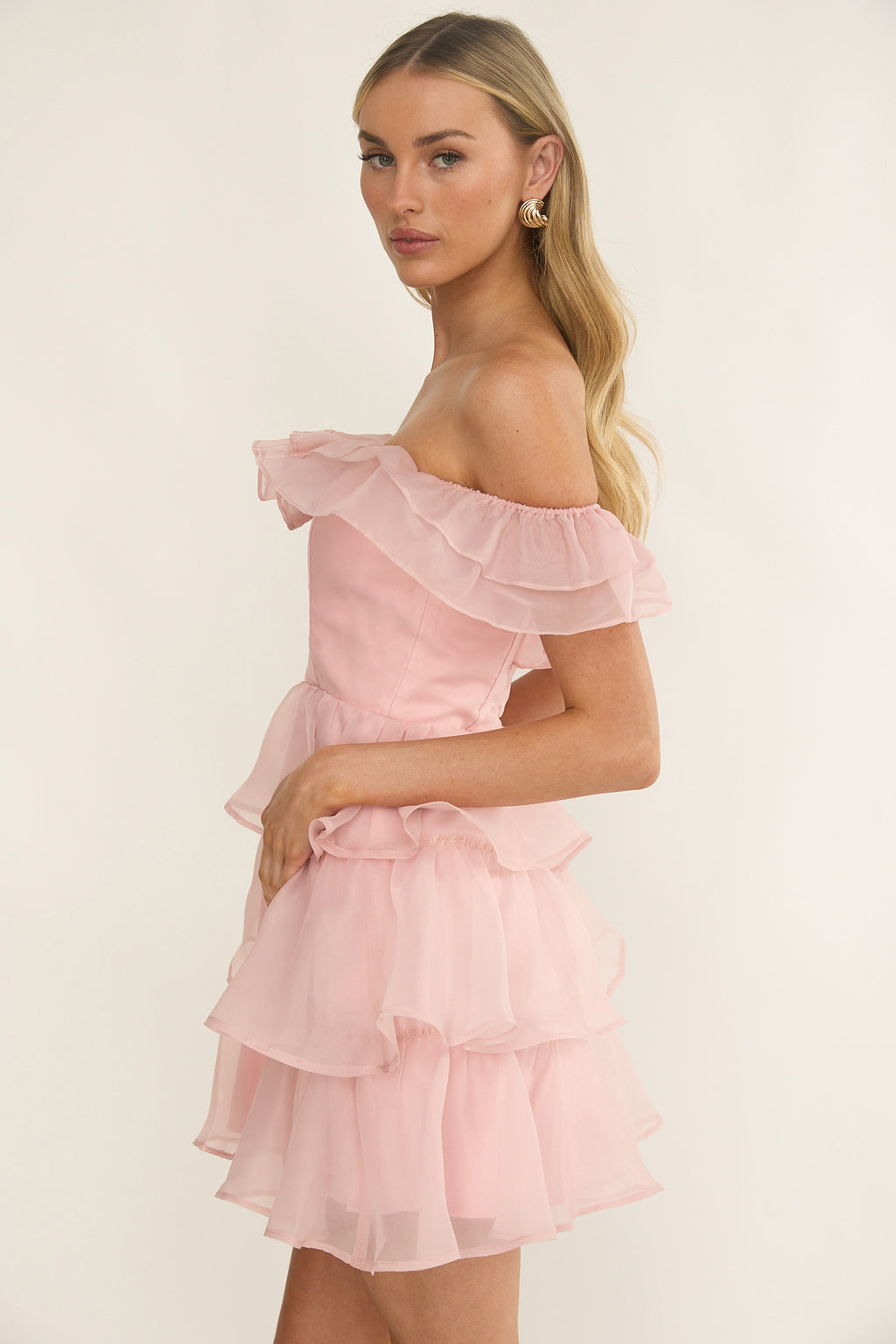 Rosira Off-Shoulder Ruffle Mini Dress Pink by Selfie Leslie