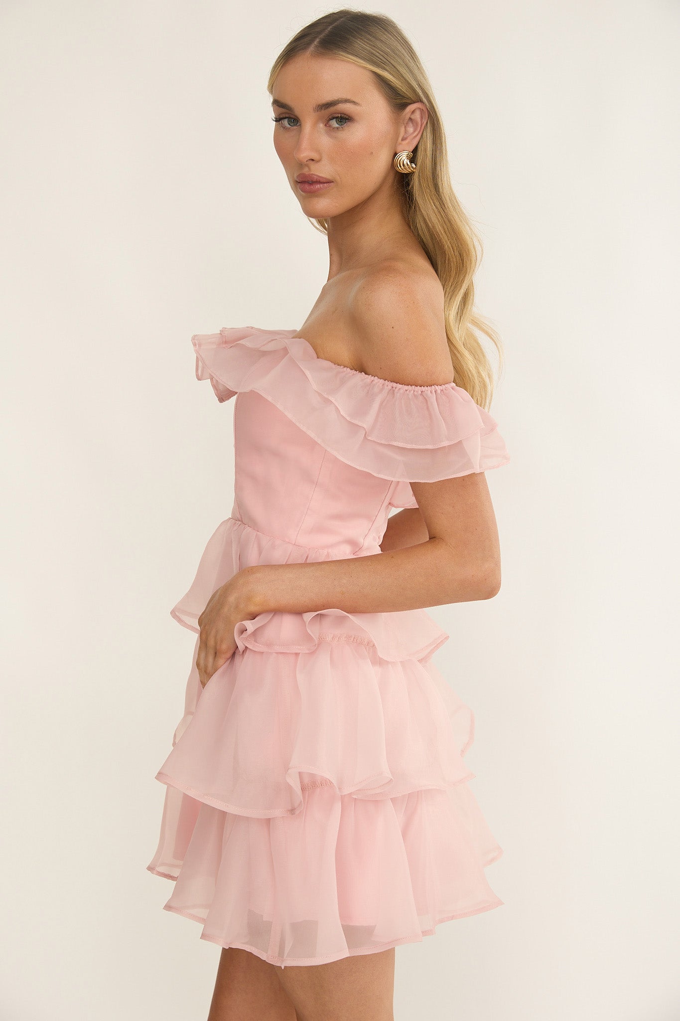 Rosira Off-Shoulder Ruffle Mini Dress Pink by Selfie Leslie