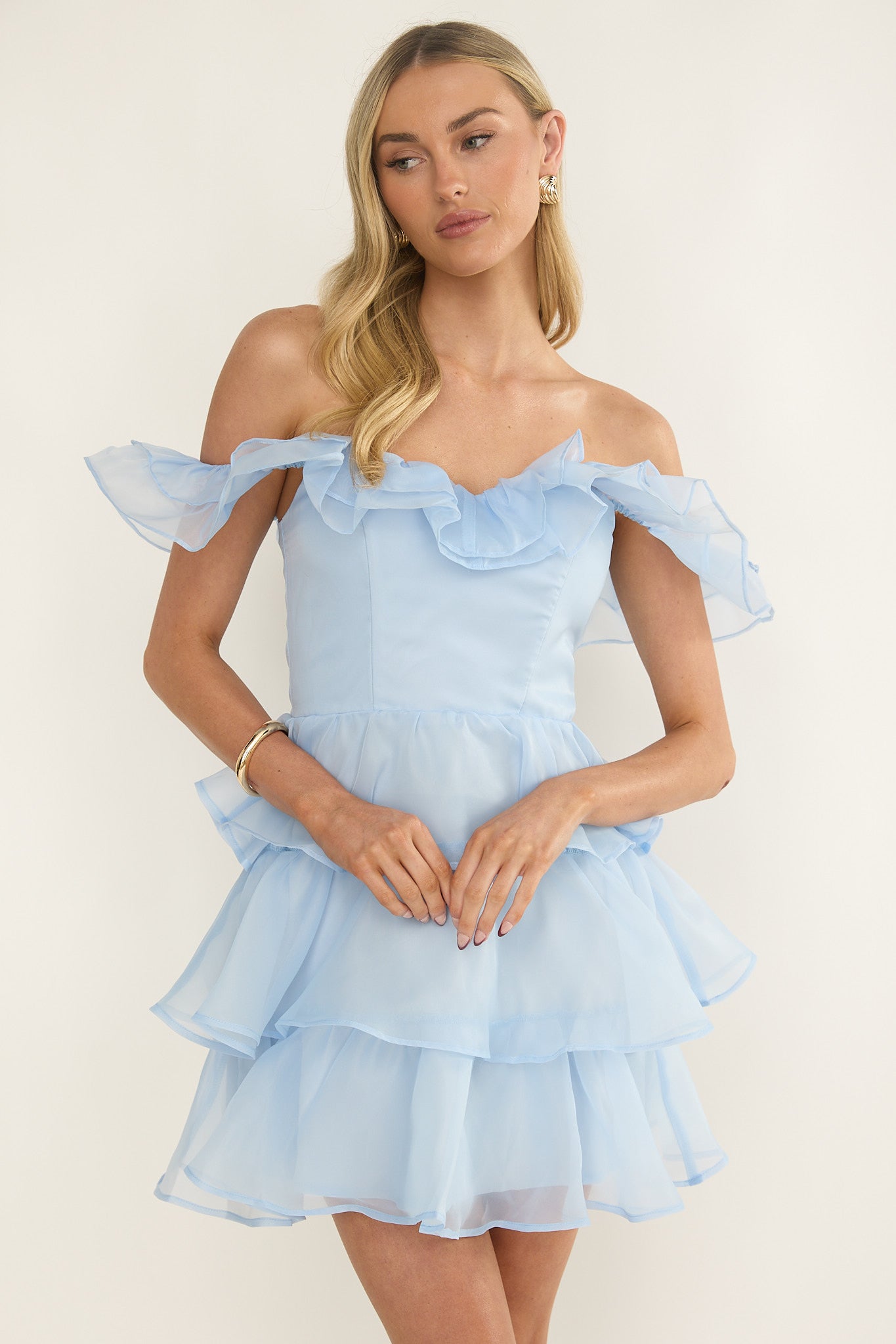Rosira Off-Shoulder Ruffle Mini Dress Sky Blue | Selfie Leslie
