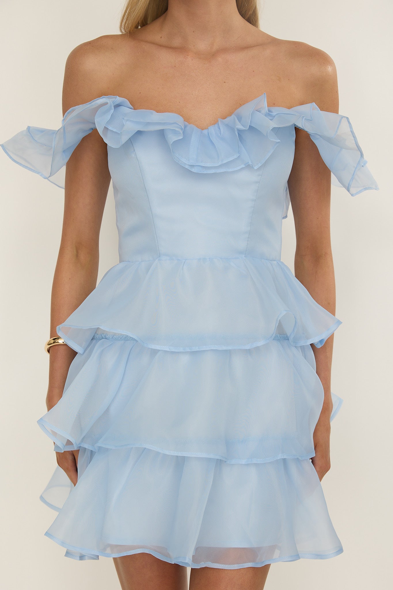 Rosira Off-Shoulder Ruffle Mini Dress Sky Blue | Selfie Leslie