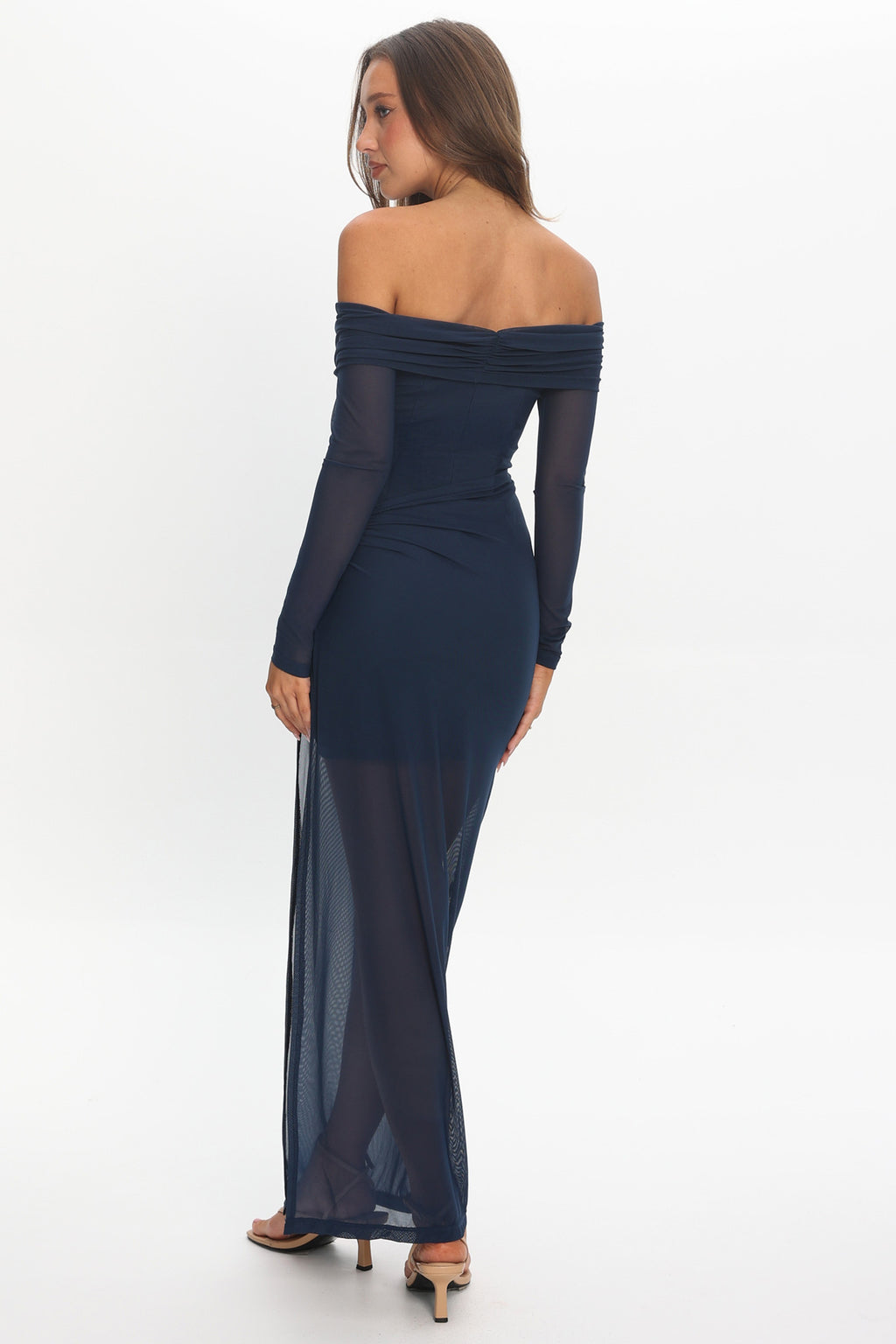 Romie Off-Shoulder Mesh Maxi Dress Navy