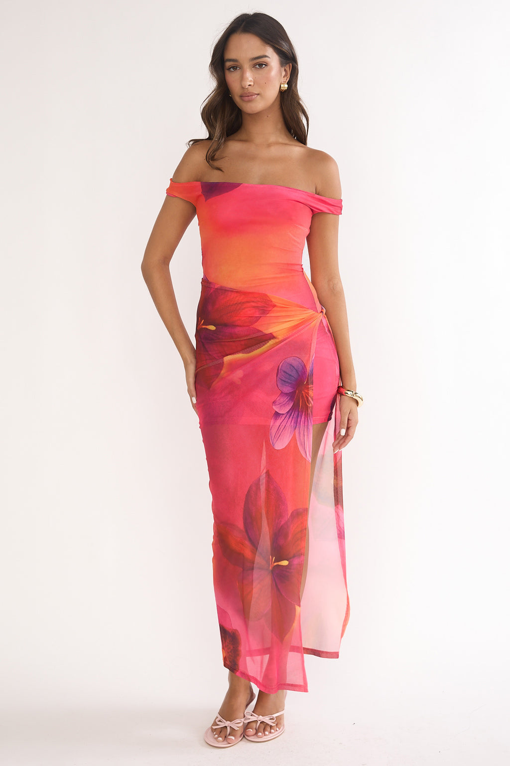 Romie Off-Shoulder Mesh Maxi Dress Print Floral by Selfie Leslie