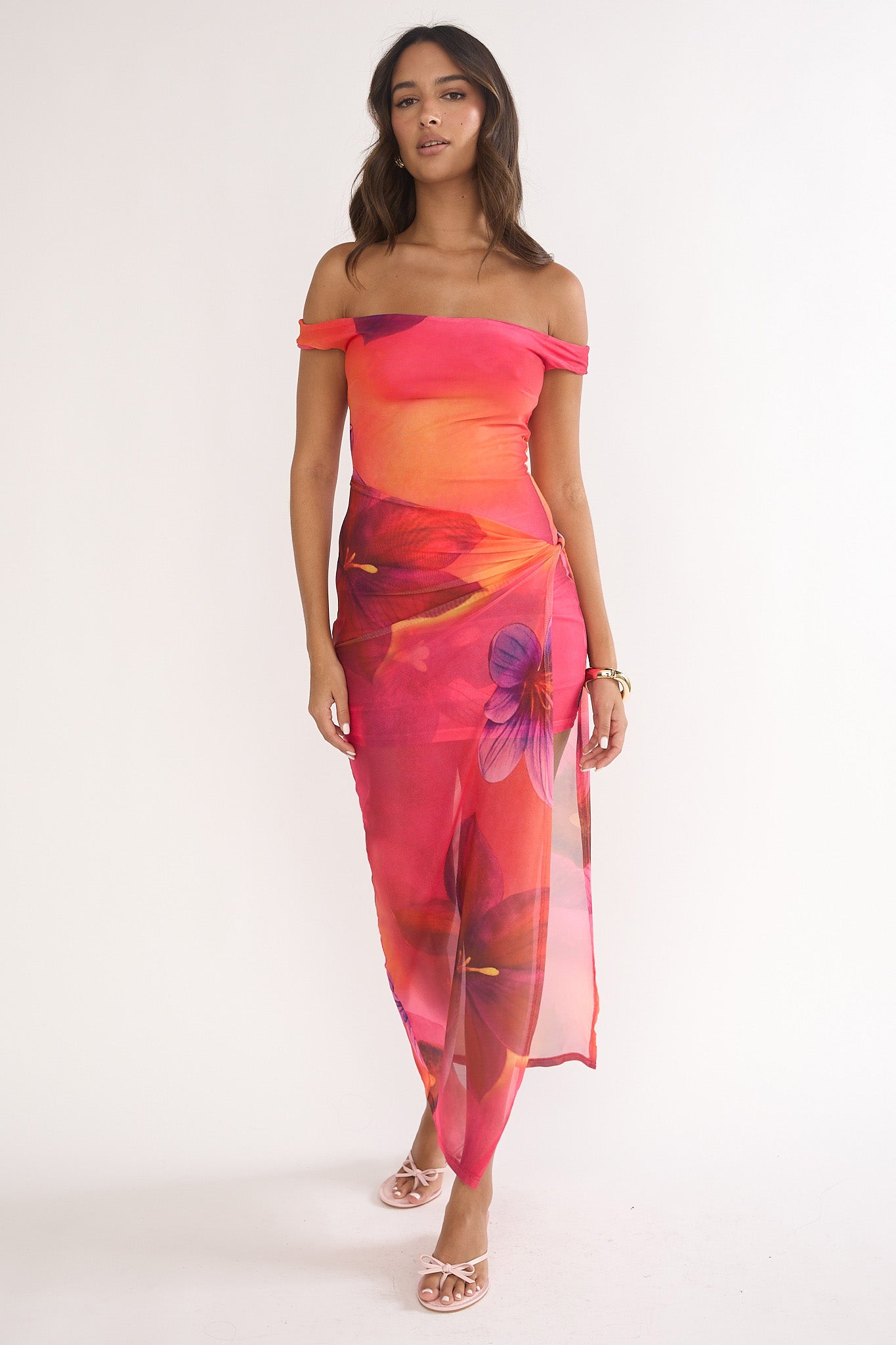 Romie Off-Shoulder Mesh Maxi Dress Print Floral | Selfie Leslie