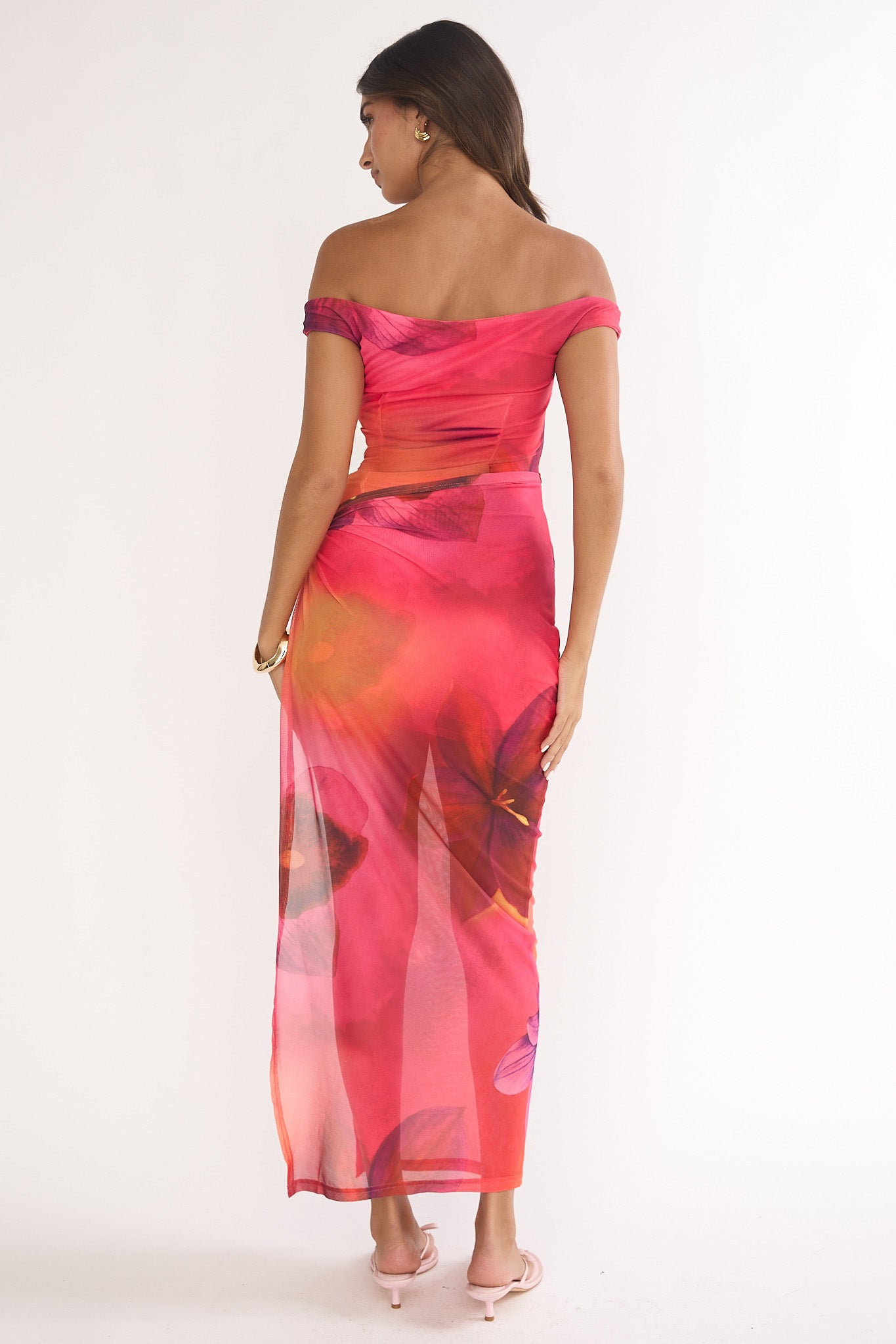Romie Off-Shoulder Mesh Maxi Dress Print Floral by Selfie Leslie