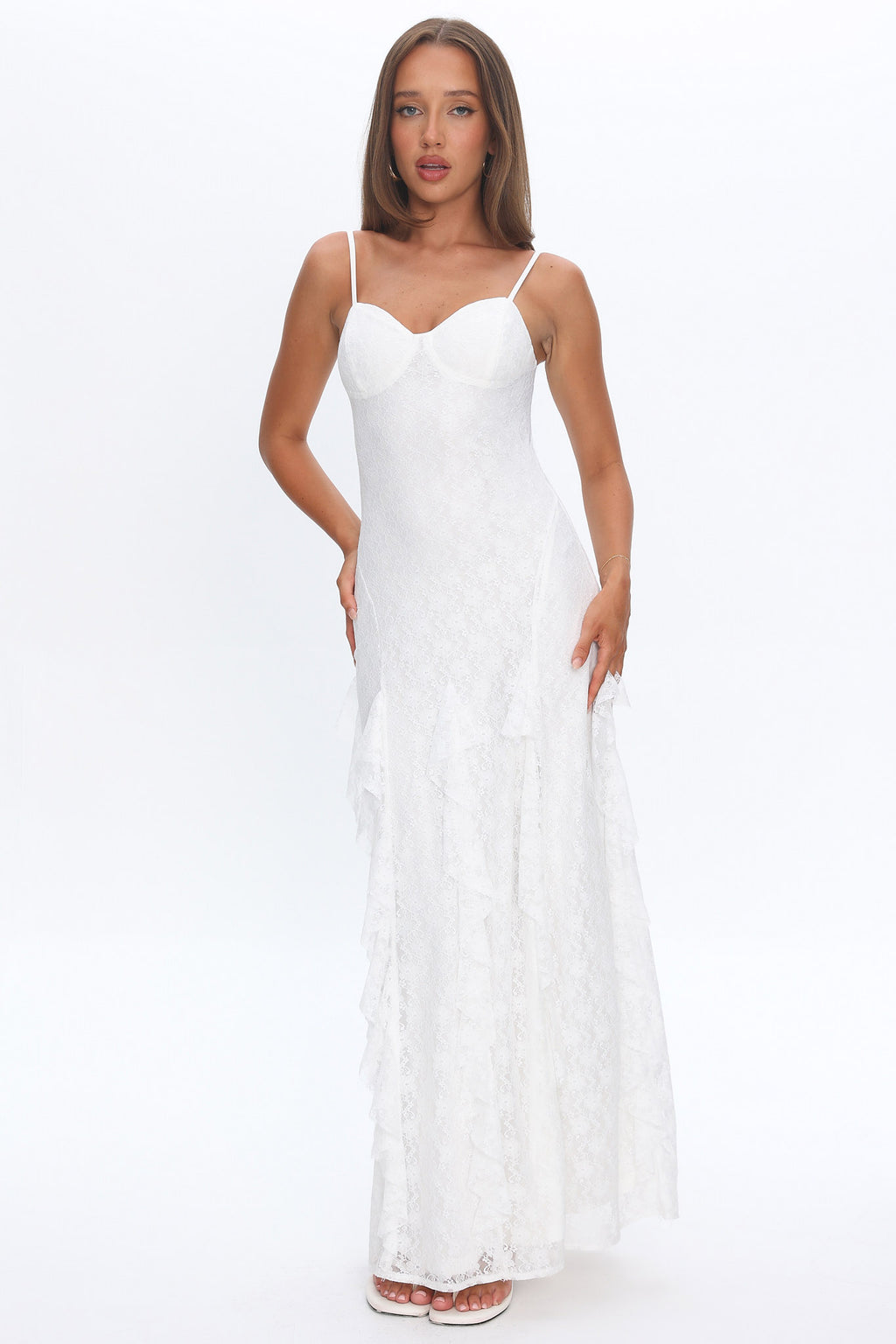Onique Lace-Up Back Split Maxi Dress Lace White by Selfie Leslie