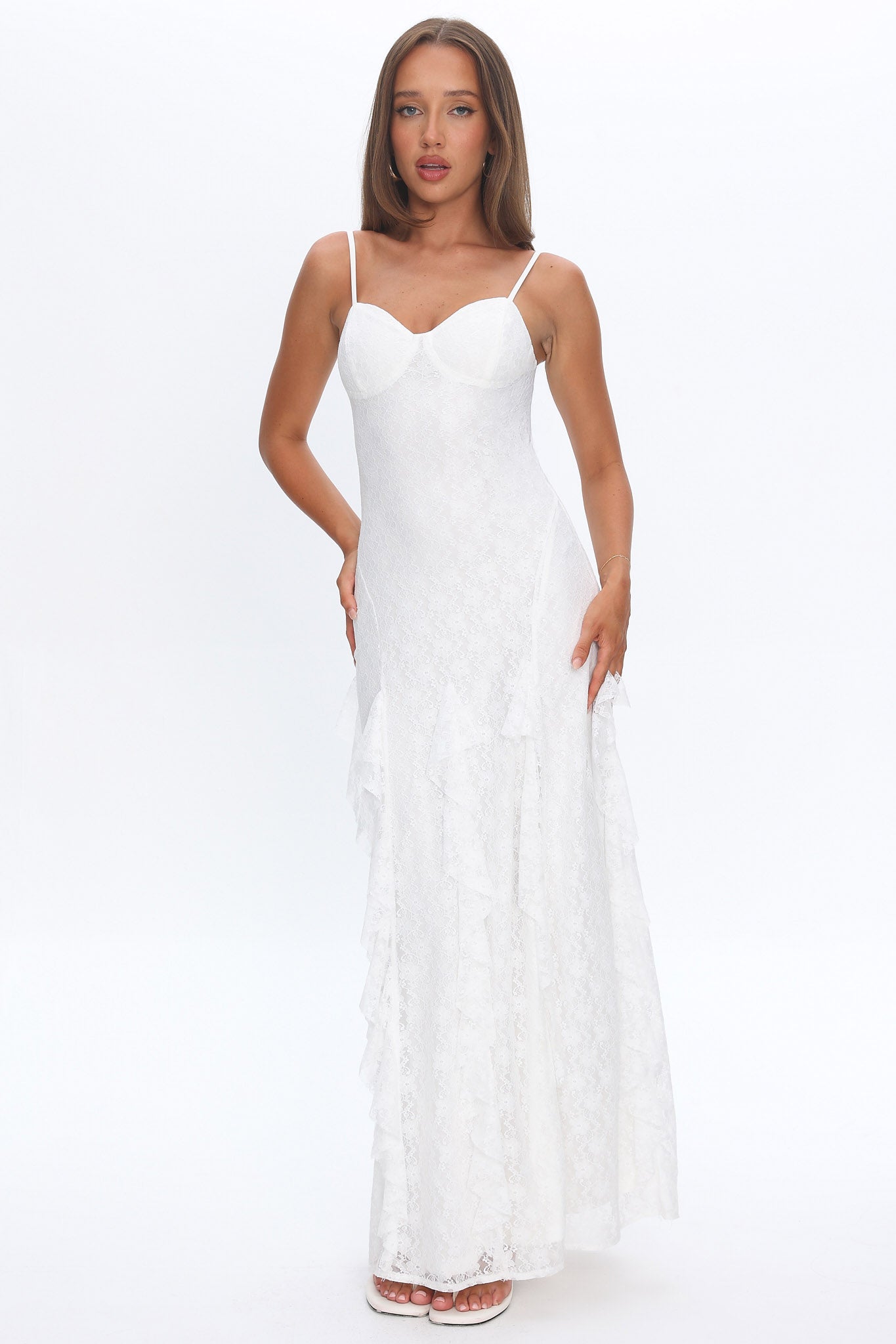Onique Lace-Up Back Split Maxi Dress Lace White by Selfie Leslie