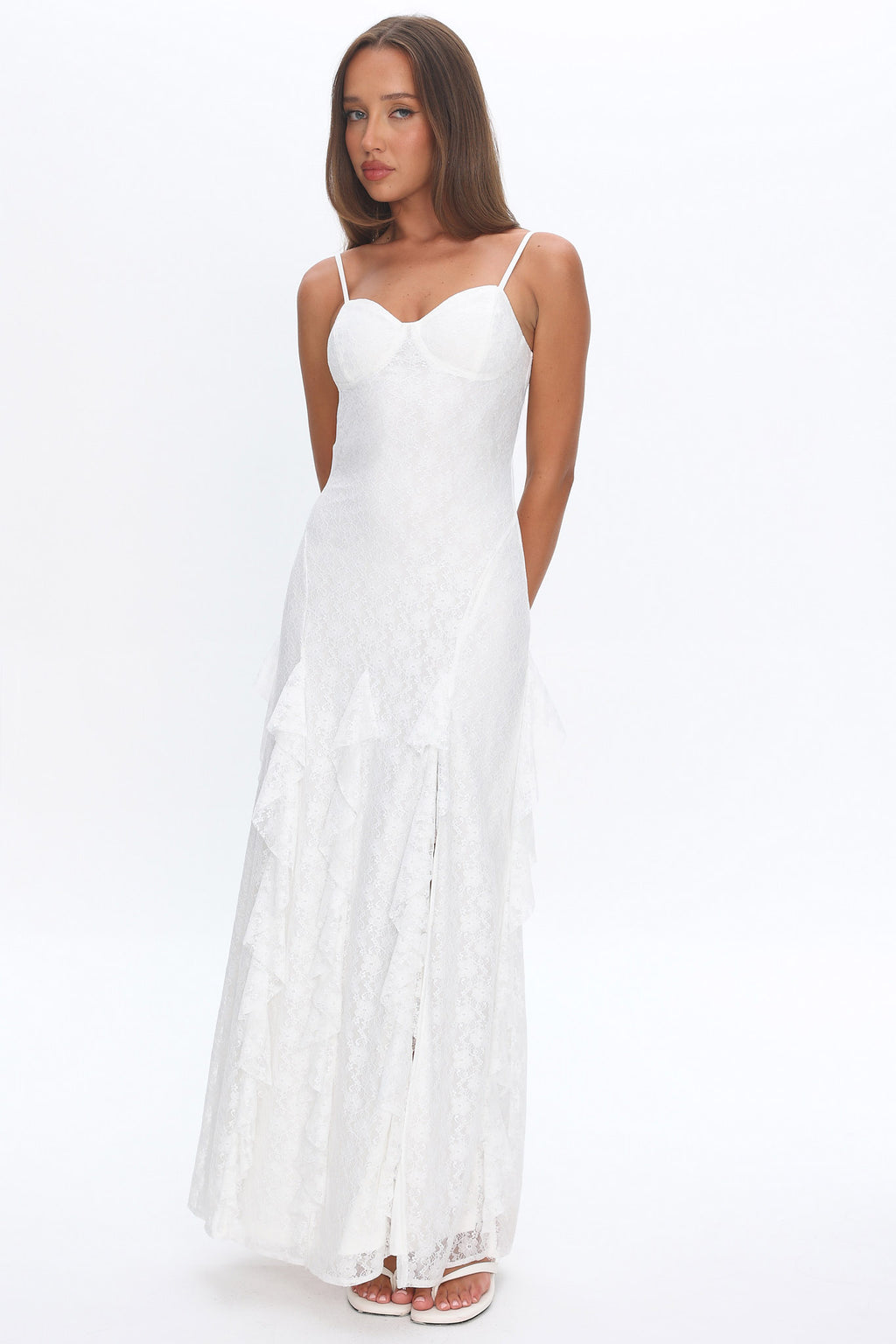 Onique Lace-Up Back Split Maxi Dress Lace White by Selfie Leslie