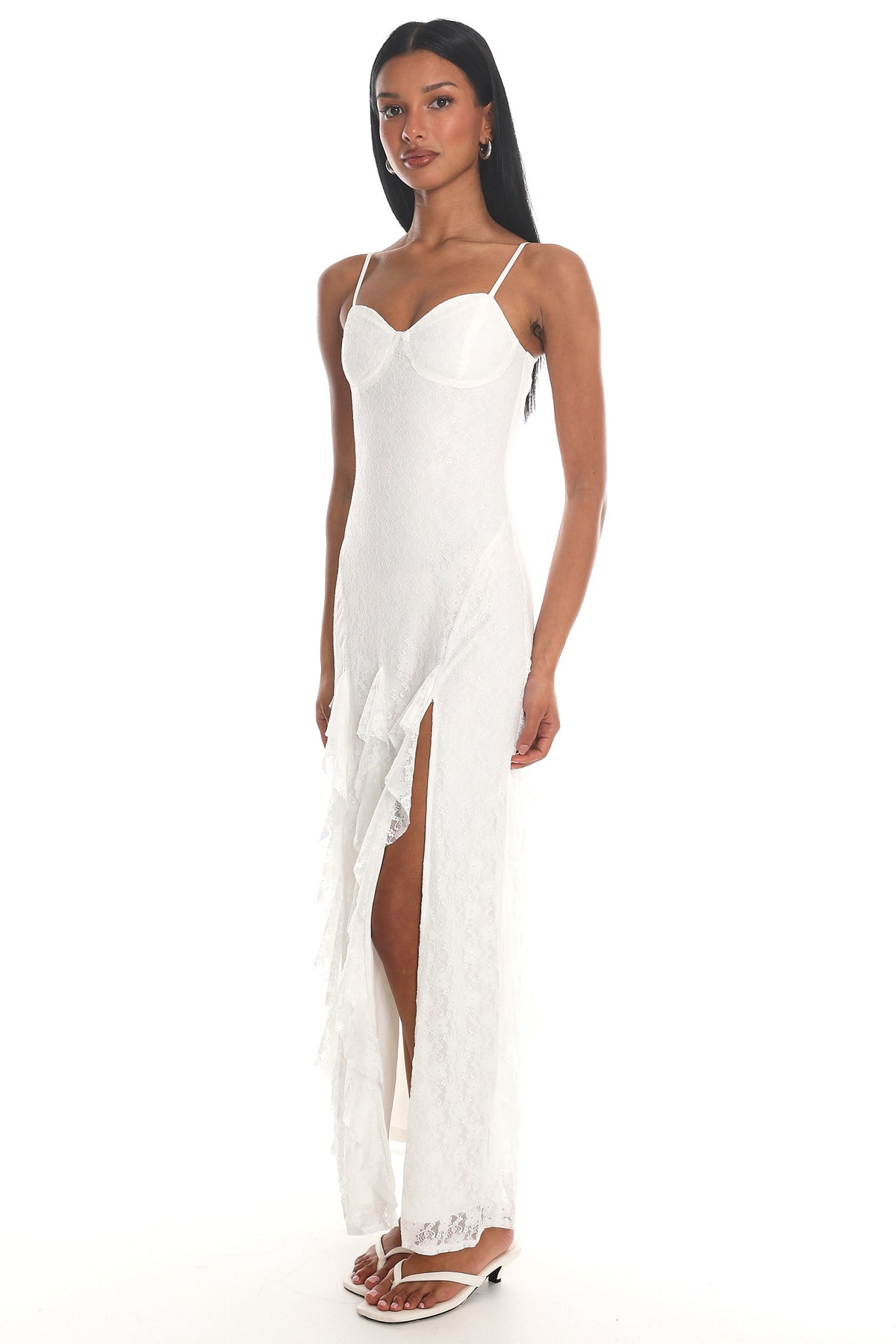 Onique Lace-Up Back Split Maxi Dress Lace White by Selfie Leslie