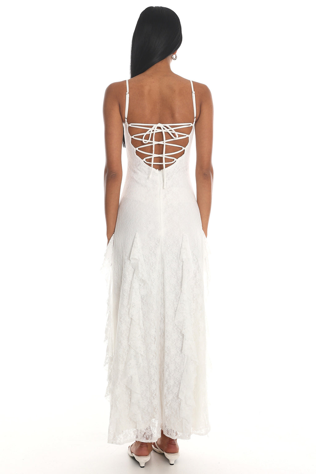 Onique Lace-Up Back Split Maxi Dress Lace White by Selfie Leslie