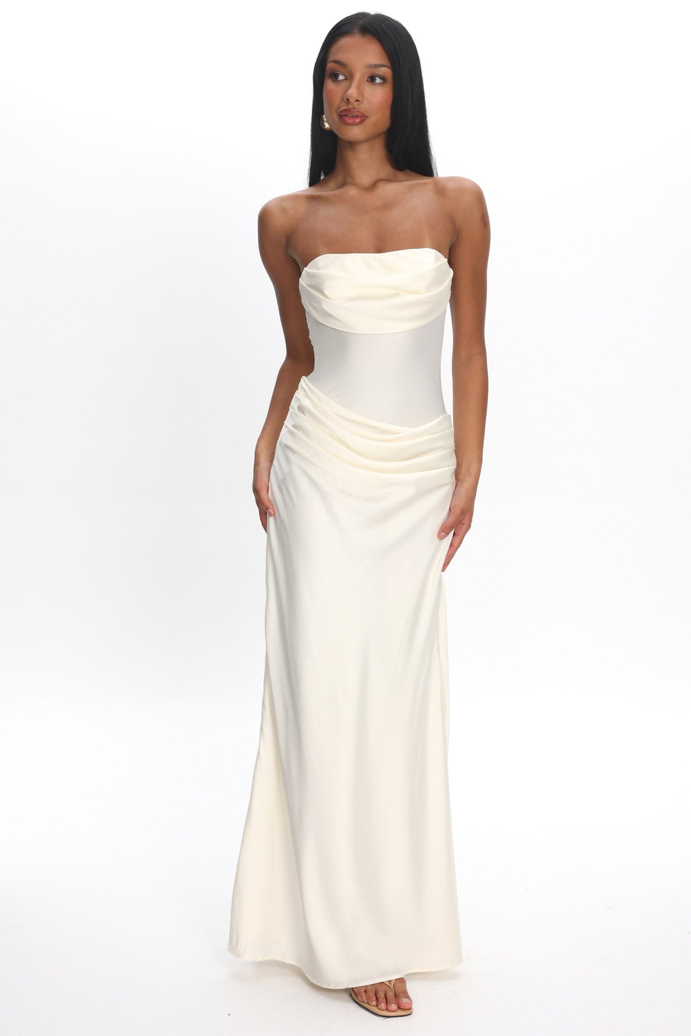 cream strapless dress Unforgettable Day Drape Waist Strapless Maxi Dress Cream