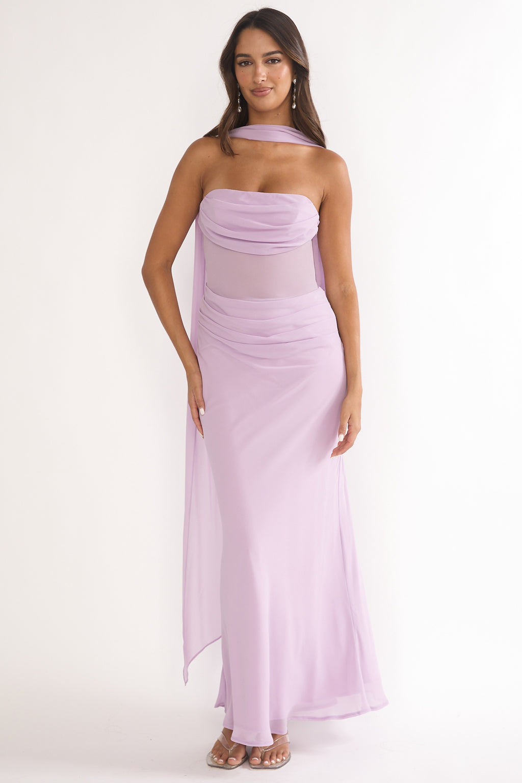Unforgettable Day Drape Waist Strapless Maxi Dress Lilac by Selfie Leslie