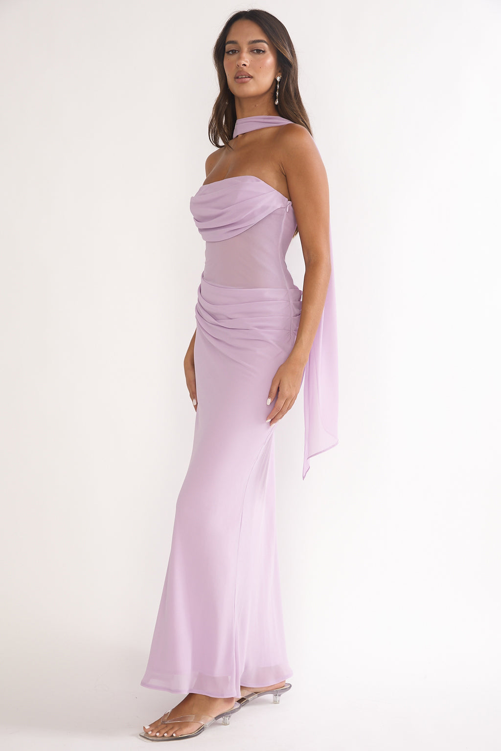 Unforgettable Day Drape Waist Strapless Maxi Dress Lilac by Selfie Leslie
