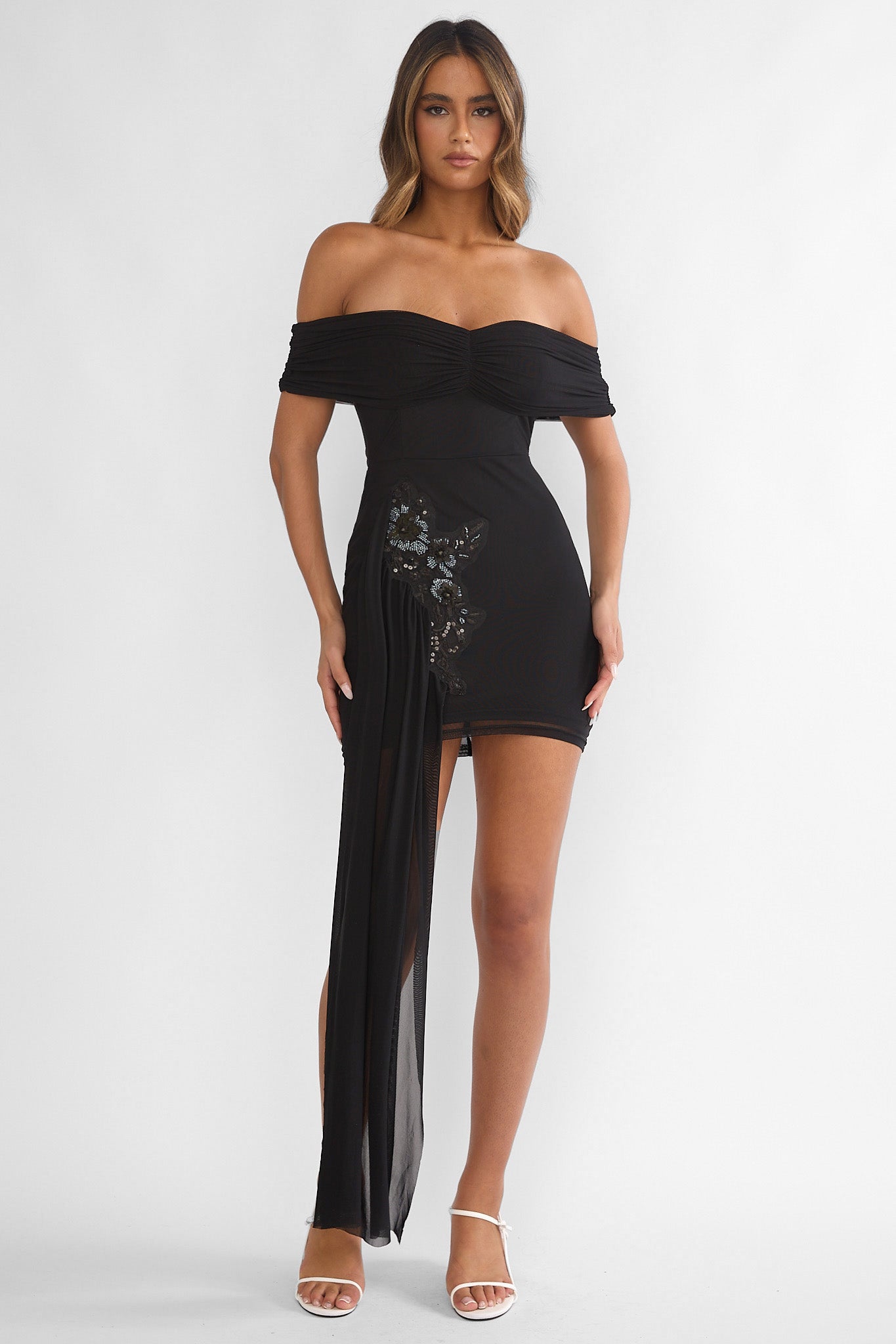 mini dress with sash Dahlisse Off-Shoulder Black Garment Fit:EGG/BALLOON The Syna Sash Mini Dreamlike Dress Black – US Size:14W