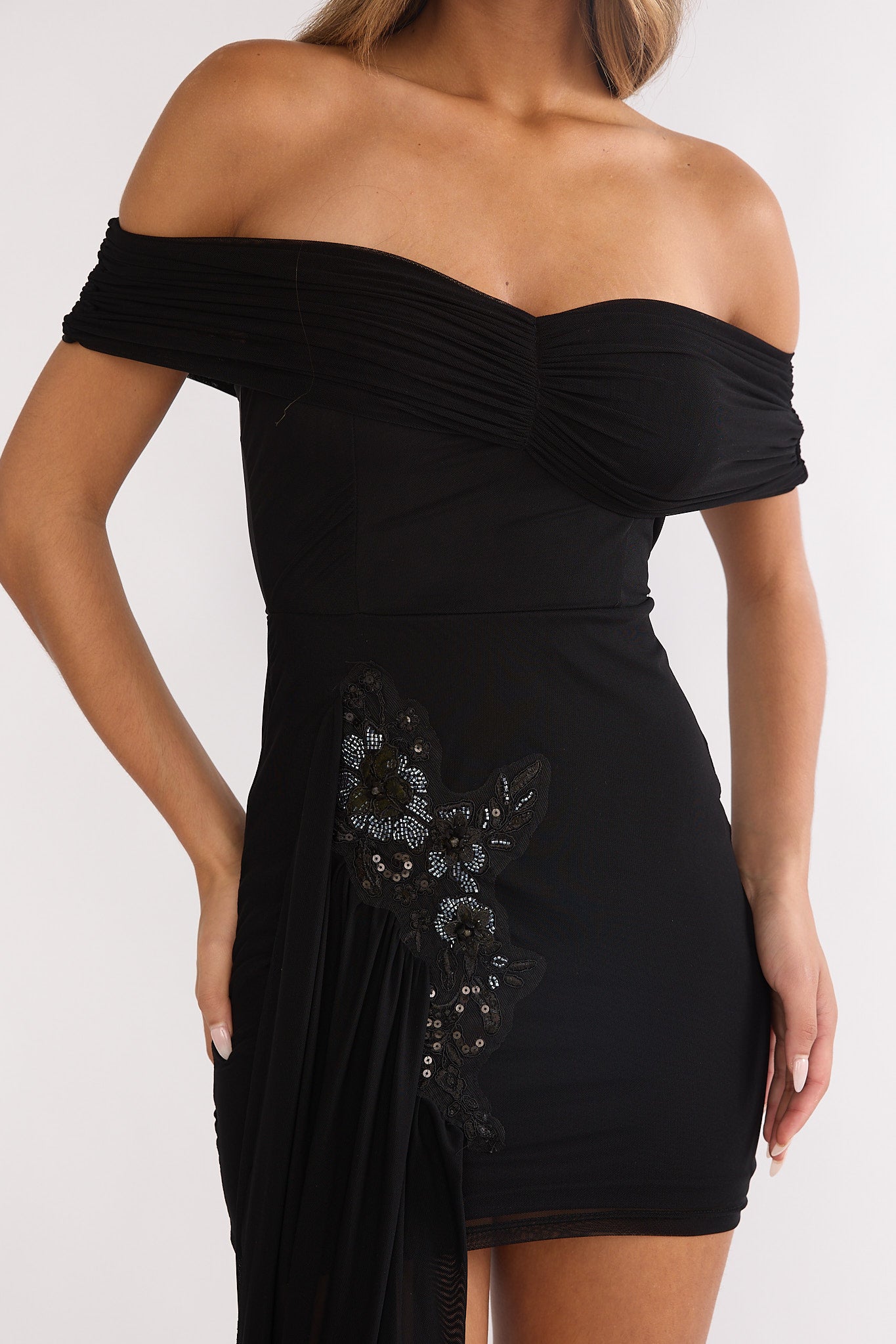 Dahlisse Off-Shoulder Sash Mini Dress Black | Selfie Leslie