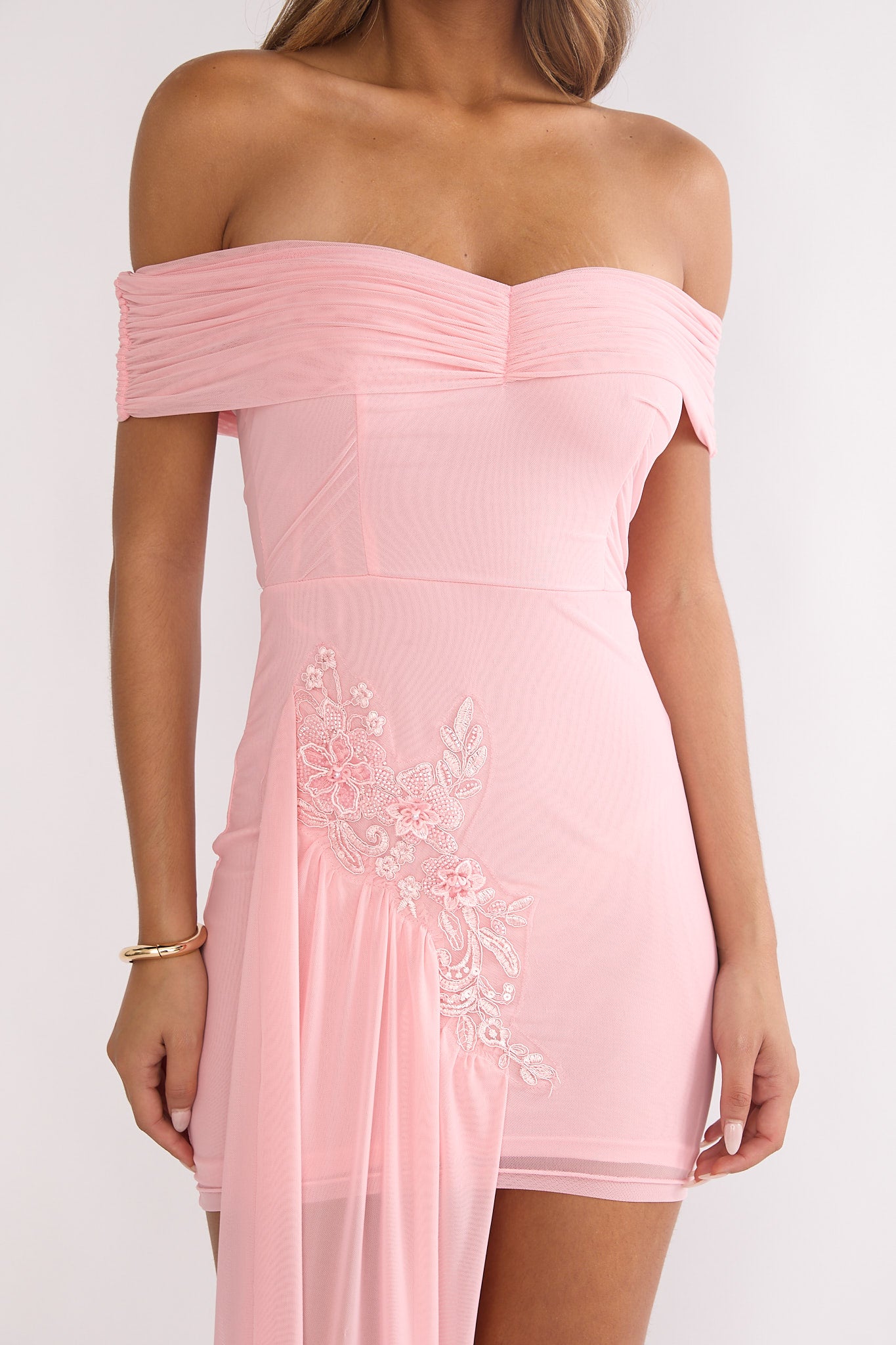 Dahlisse Off-Shoulder Sash Mini Dress Blush by Selfie Leslie