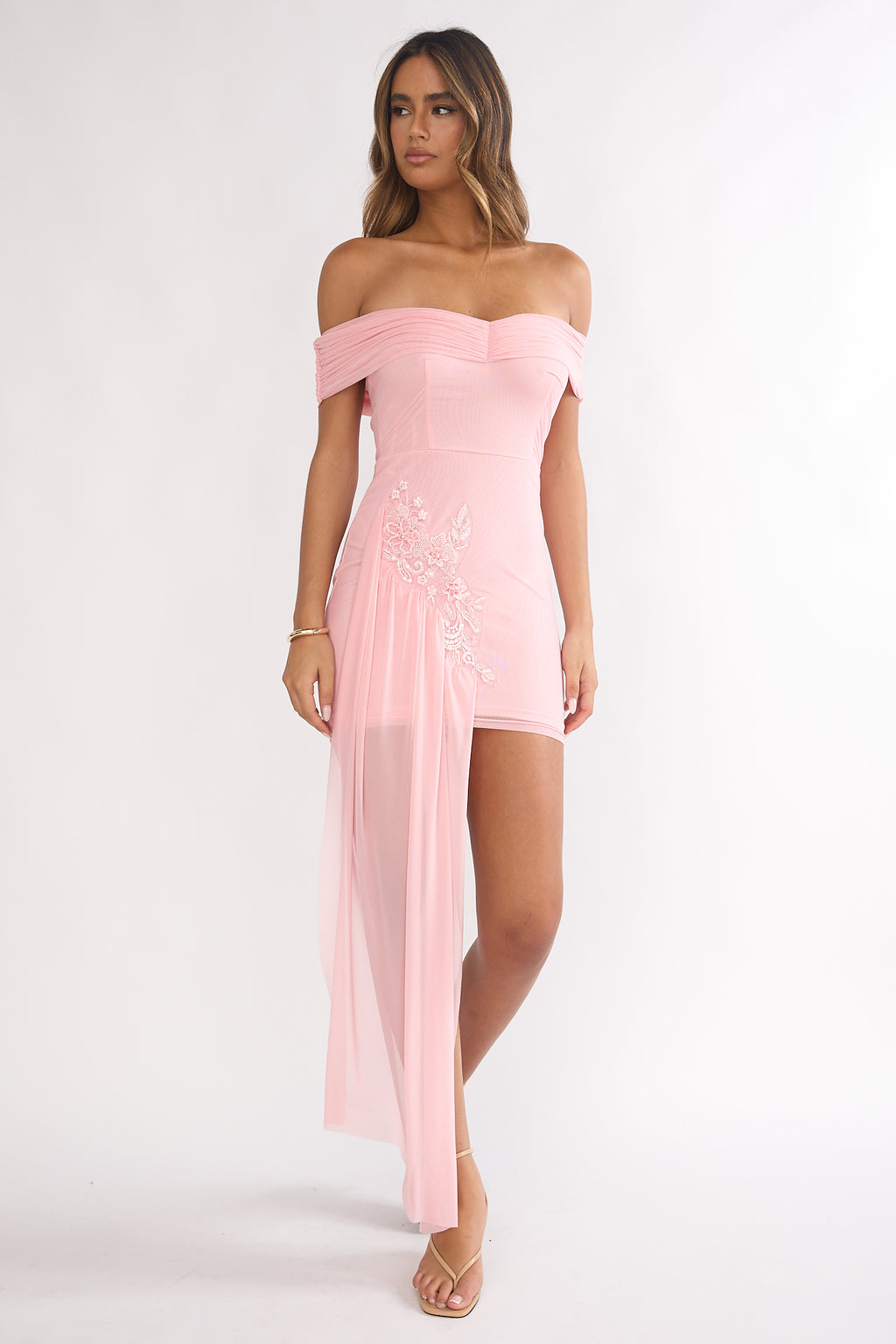 Dahlisse Off-Shoulder Sash Mini Dress Blush by Selfie Leslie