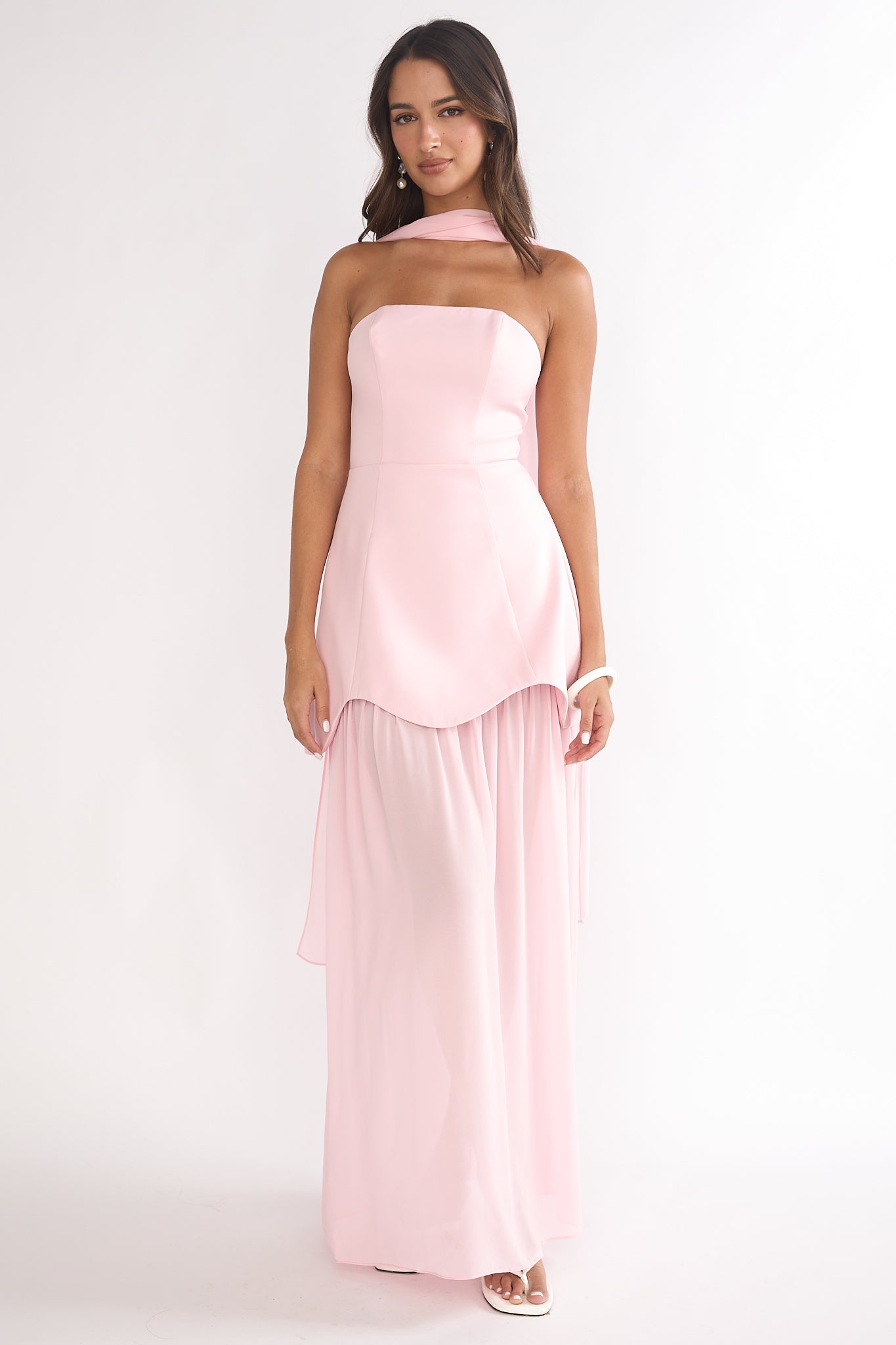 Poema Scalloped Sheer Hem Maxi Dress Pink - L
