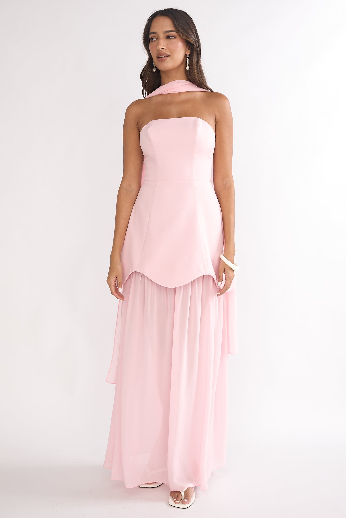 Poema Scalloped Sheer Hem Maxi Dress Pink by Selfie Leslie