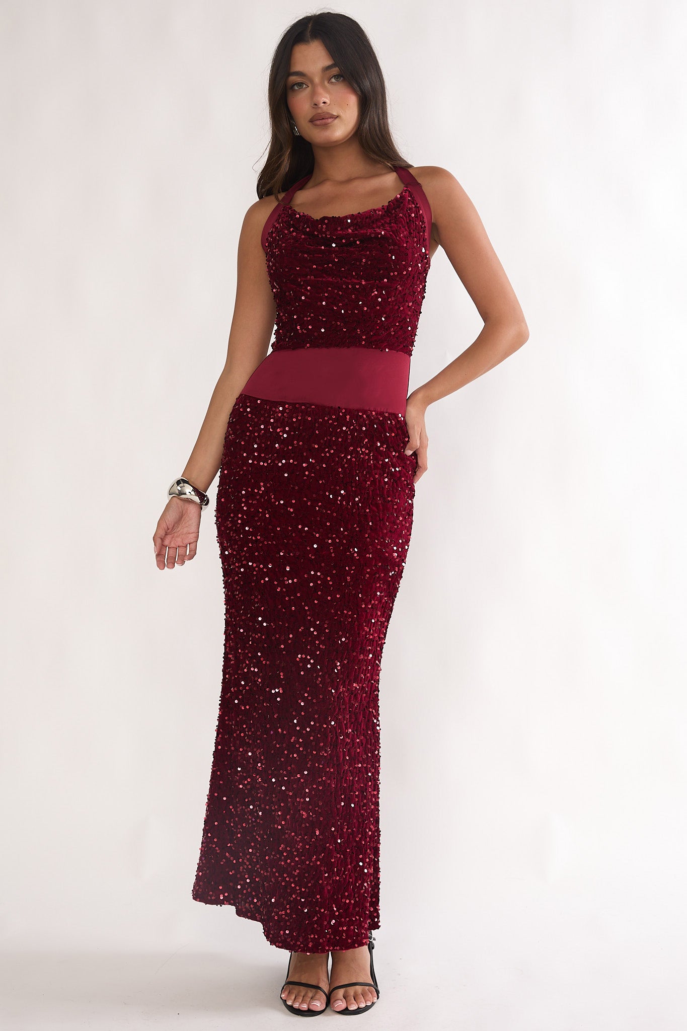 Cabernet Halter Maxi Dress Sequin Wine by Selfie Leslie