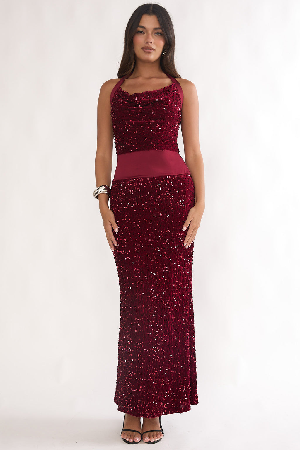 Cabernet Halter Maxi Dress Sequin Wine by Selfie Leslie