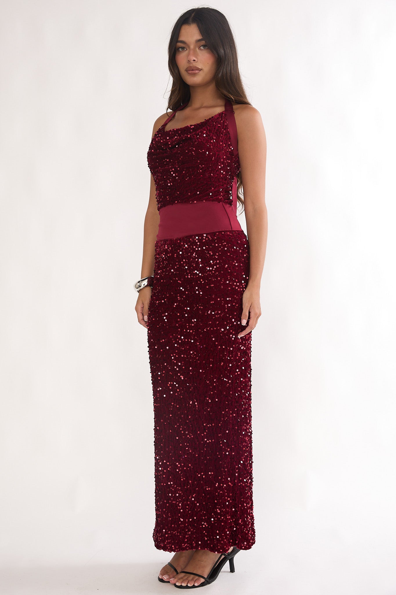 Cabernet Halter Maxi Dress Sequin Wine - XL