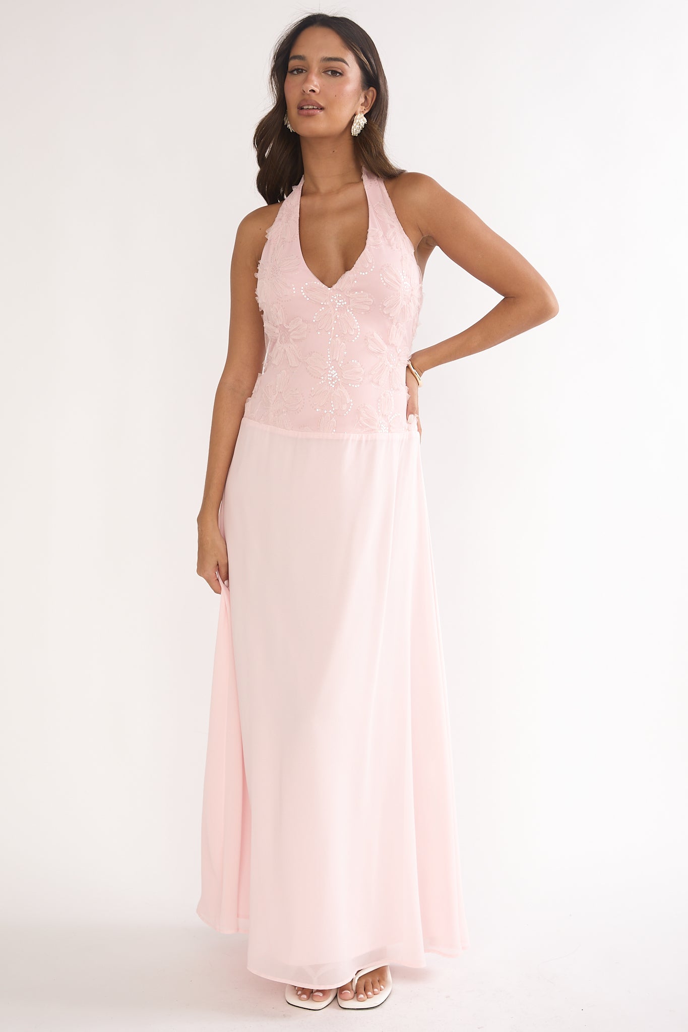 Blushing Belle Embellished Halter Maxi Dress Blush– Selfie Leslie